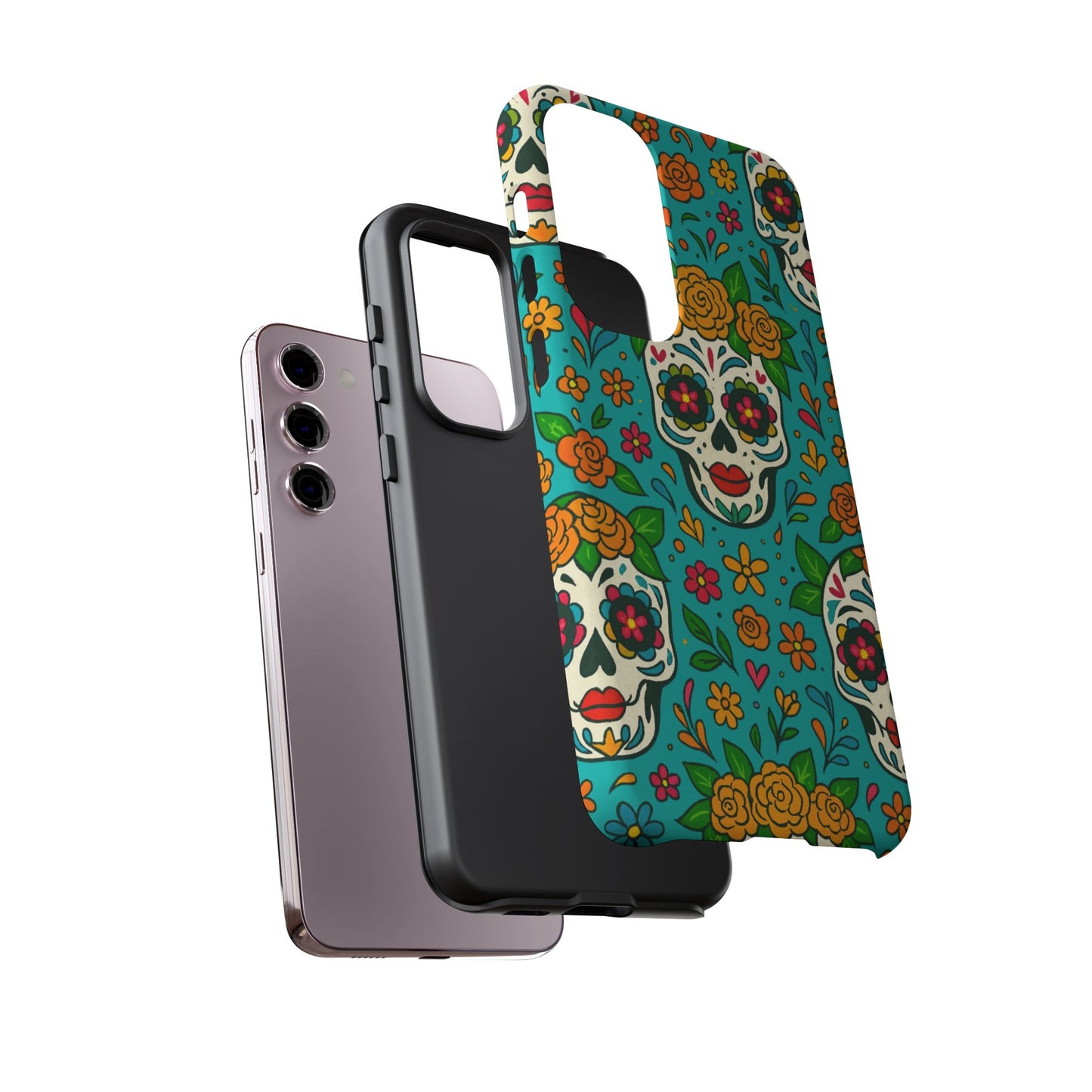 Teal Mexican Style Phone Cases With Floral Skulls - Dia De Los Muertos