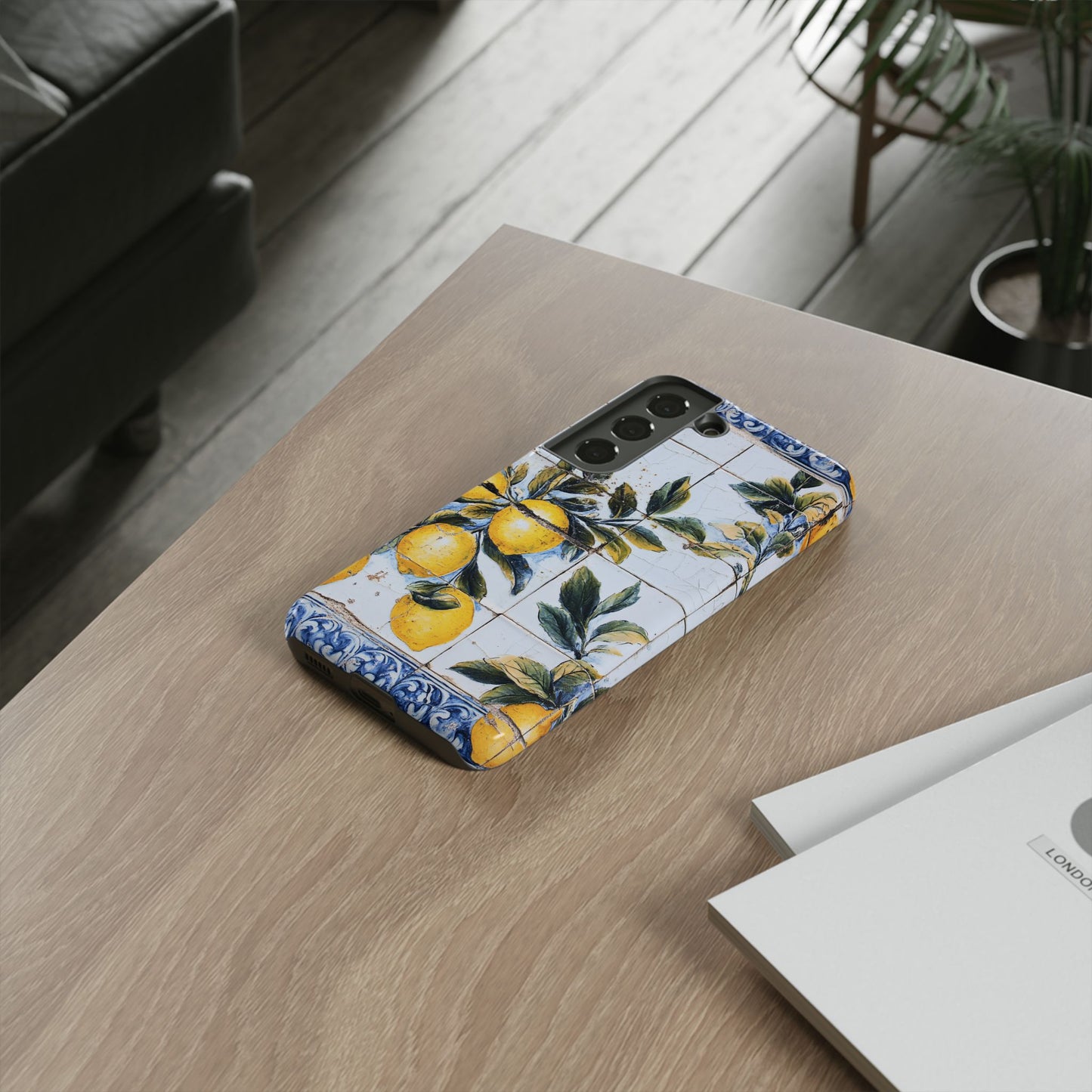 Phone Case, Coastal Tough Case With Lemons in Distressed Ceramic Tile Design, Protective Cover, Summer Accessory, Mediterranean Style iPhone