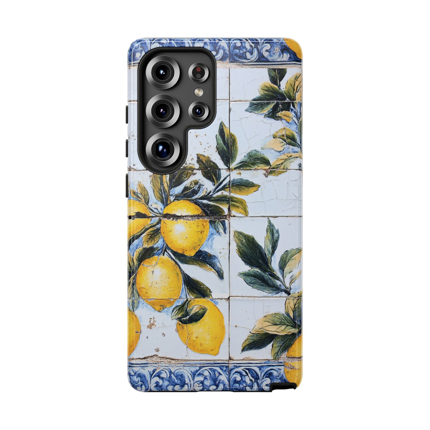 Phone Case, Coastal Tough Case With Lemons in Distressed Ceramic Tile Design, Protective Cover, Summer Accessory, Mediterranean Style iPhone