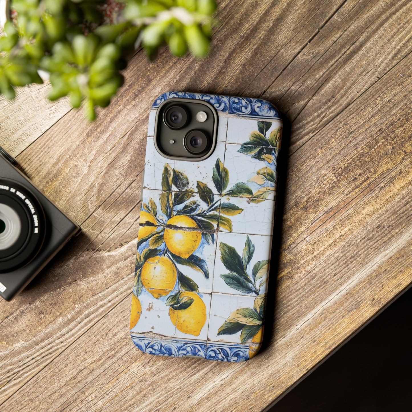 Phone Case, Coastal Tough Case With Lemons in Distressed Ceramic Tile Design, Protective Cover, Summer Accessory, Mediterranean Style iPhone