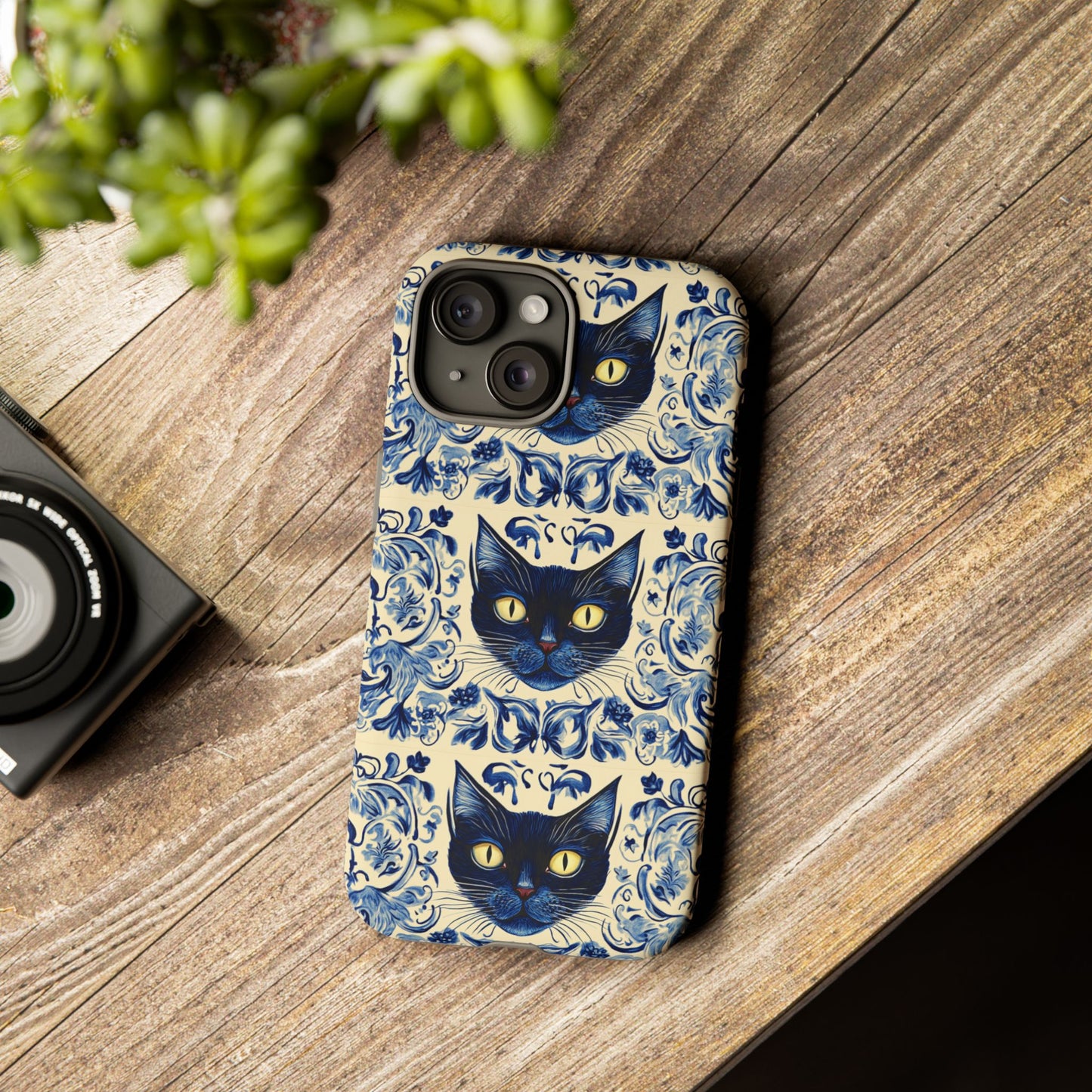 Tough Phone Case - Mediterranean Tile Motif With Blue Cats