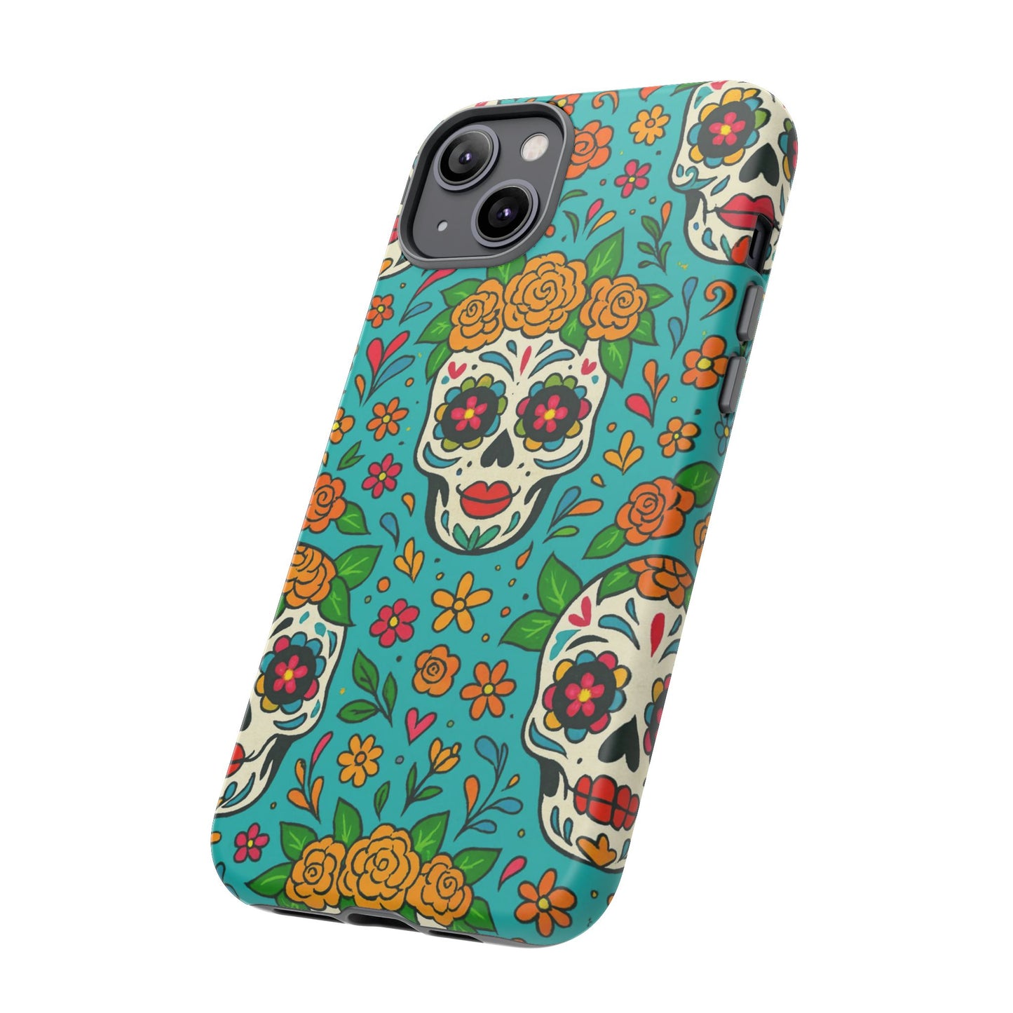 Teal Mexican Style Phone Cases With Floral Skulls - Dia De Los Muertos
