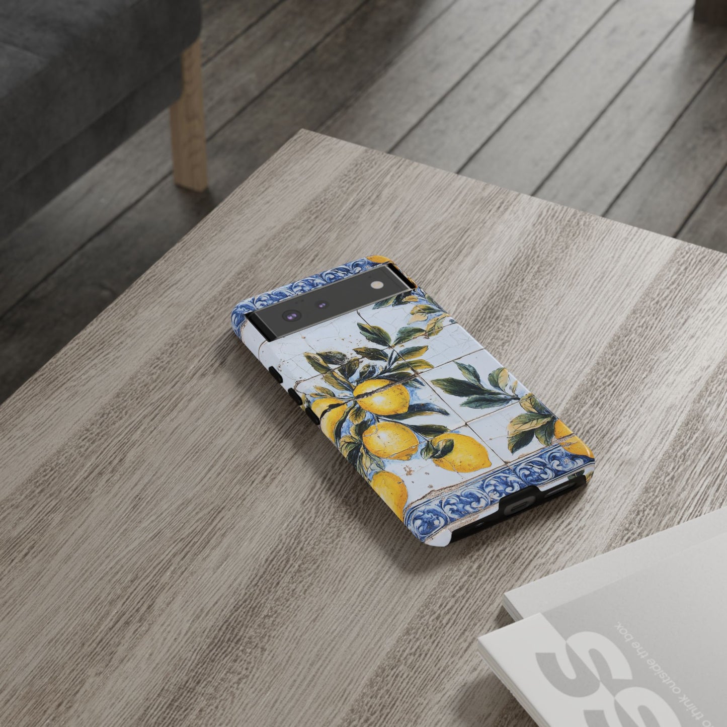 Phone Case, Coastal Tough Case With Lemons in Distressed Ceramic Tile Design, Protective Cover, Summer Accessory, Mediterranean Style iPhone