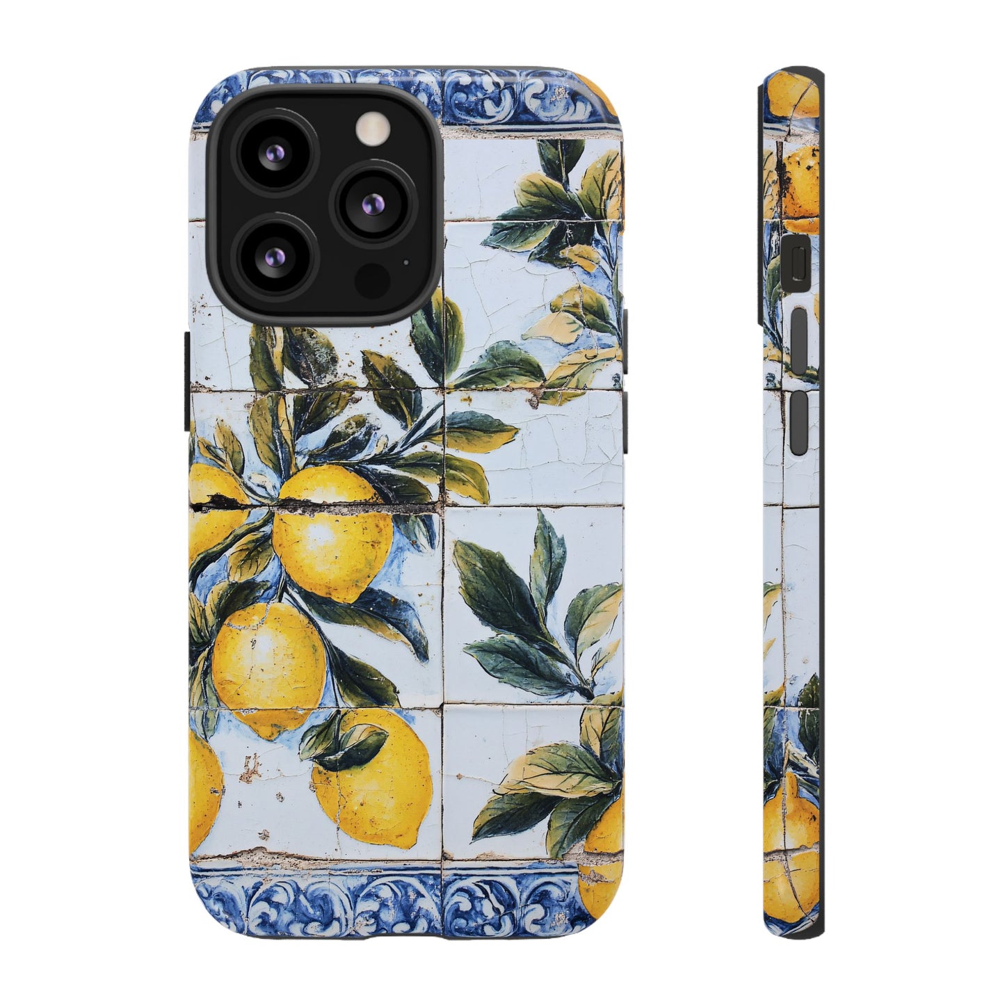 Phone Case, Coastal Tough Case With Lemons in Distressed Ceramic Tile Design, Protective Cover, Summer Accessory, Mediterranean Style iPhone