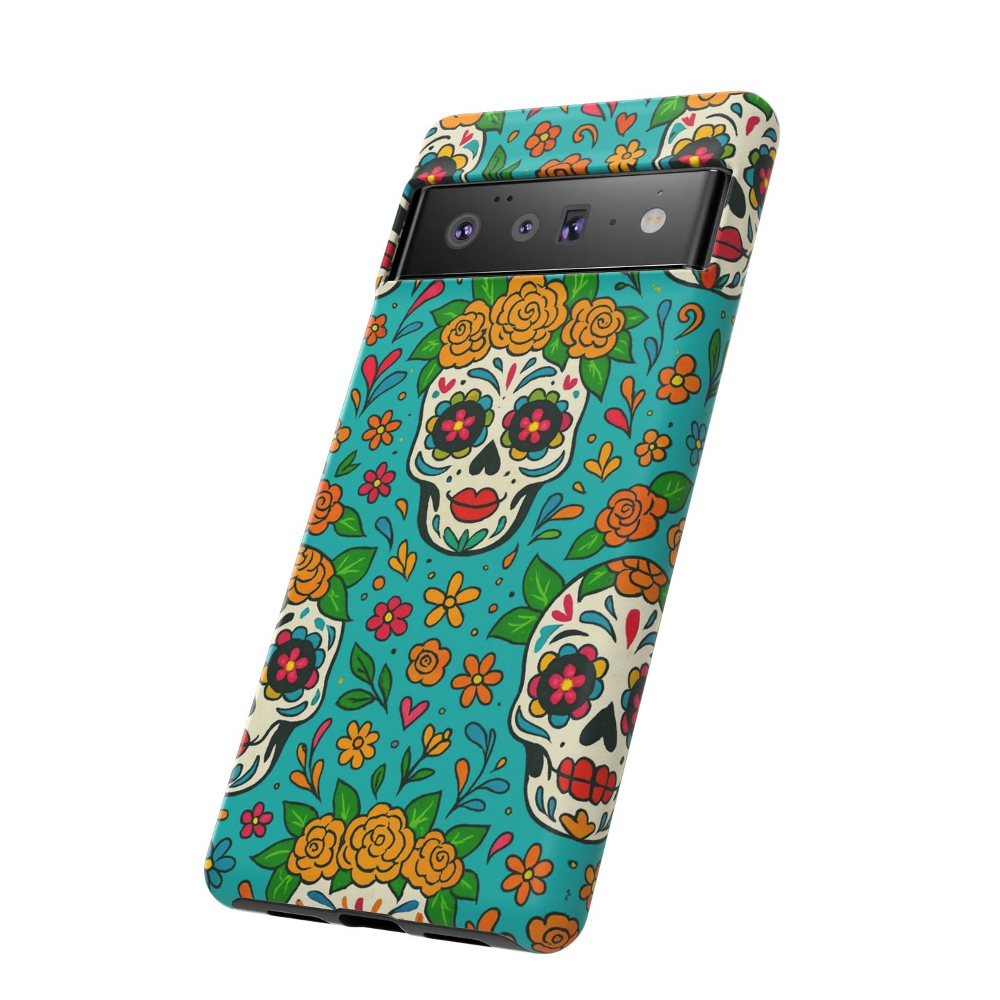 Teal Mexican Style Phone Cases With Floral Skulls - Dia De Los Muertos