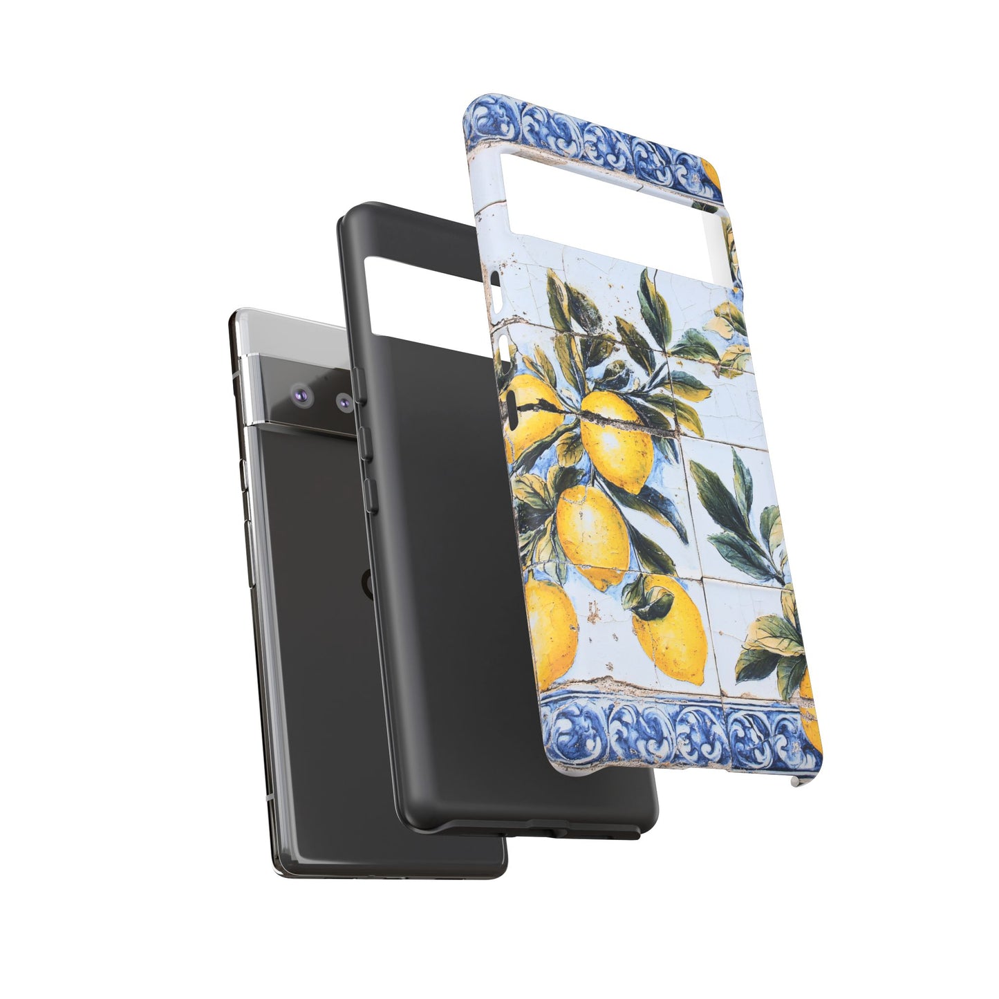 Phone Case, Coastal Tough Case With Lemons in Distressed Ceramic Tile Design, Protective Cover, Summer Accessory, Mediterranean Style iPhone