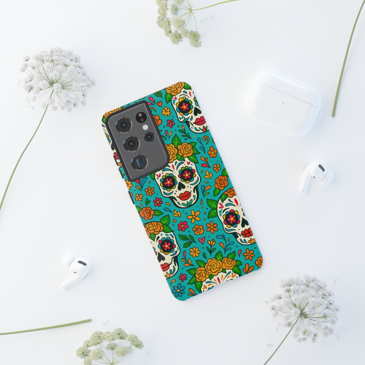 Teal Mexican Style Phone Cases With Floral Skulls - Dia De Los Muertos