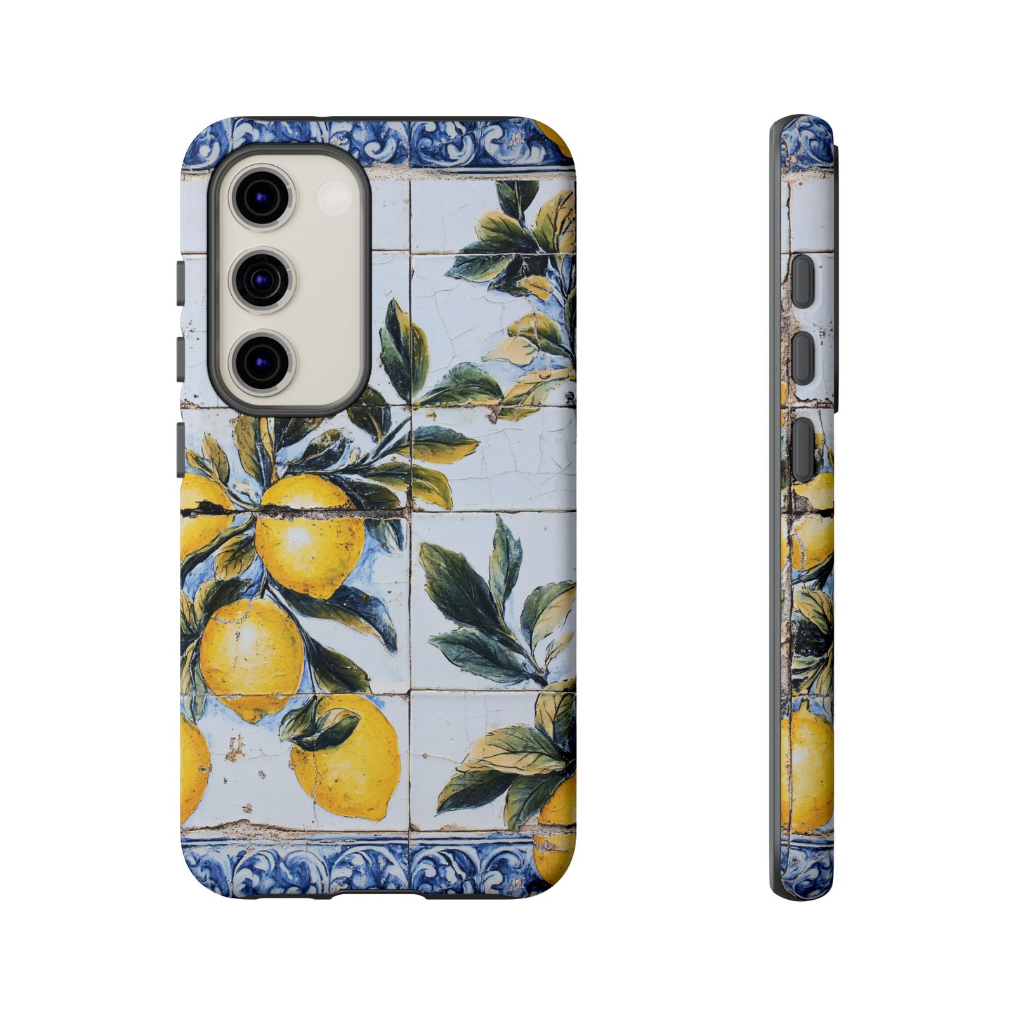Phone Case, Coastal Tough Case With Lemons in Distressed Ceramic Tile Design, Protective Cover, Summer Accessory, Mediterranean Style iPhone