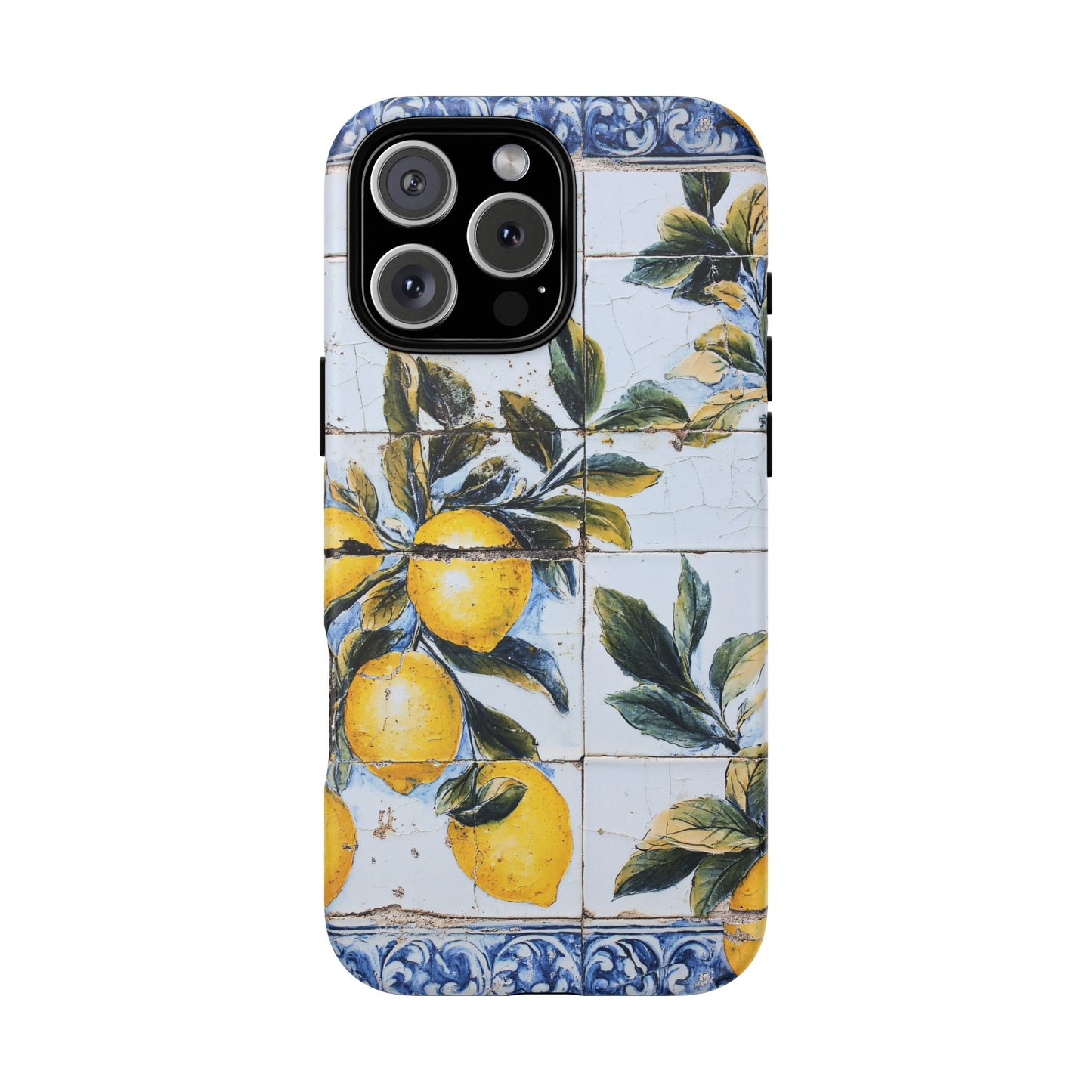 Phone Case, Coastal Tough Case With Lemons in Distressed Ceramic Tile Design, Protective Cover, Summer Accessory, Mediterranean Style iPhone