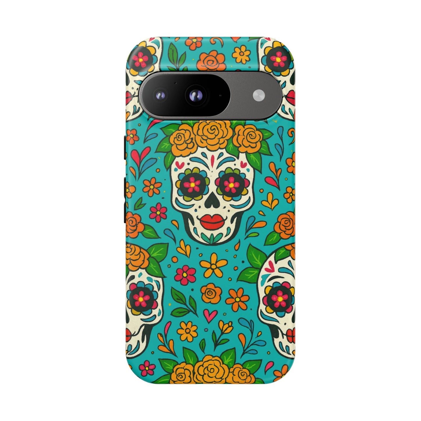 Teal Mexican Style Phone Cases With Floral Skulls - Dia De Los Muertos