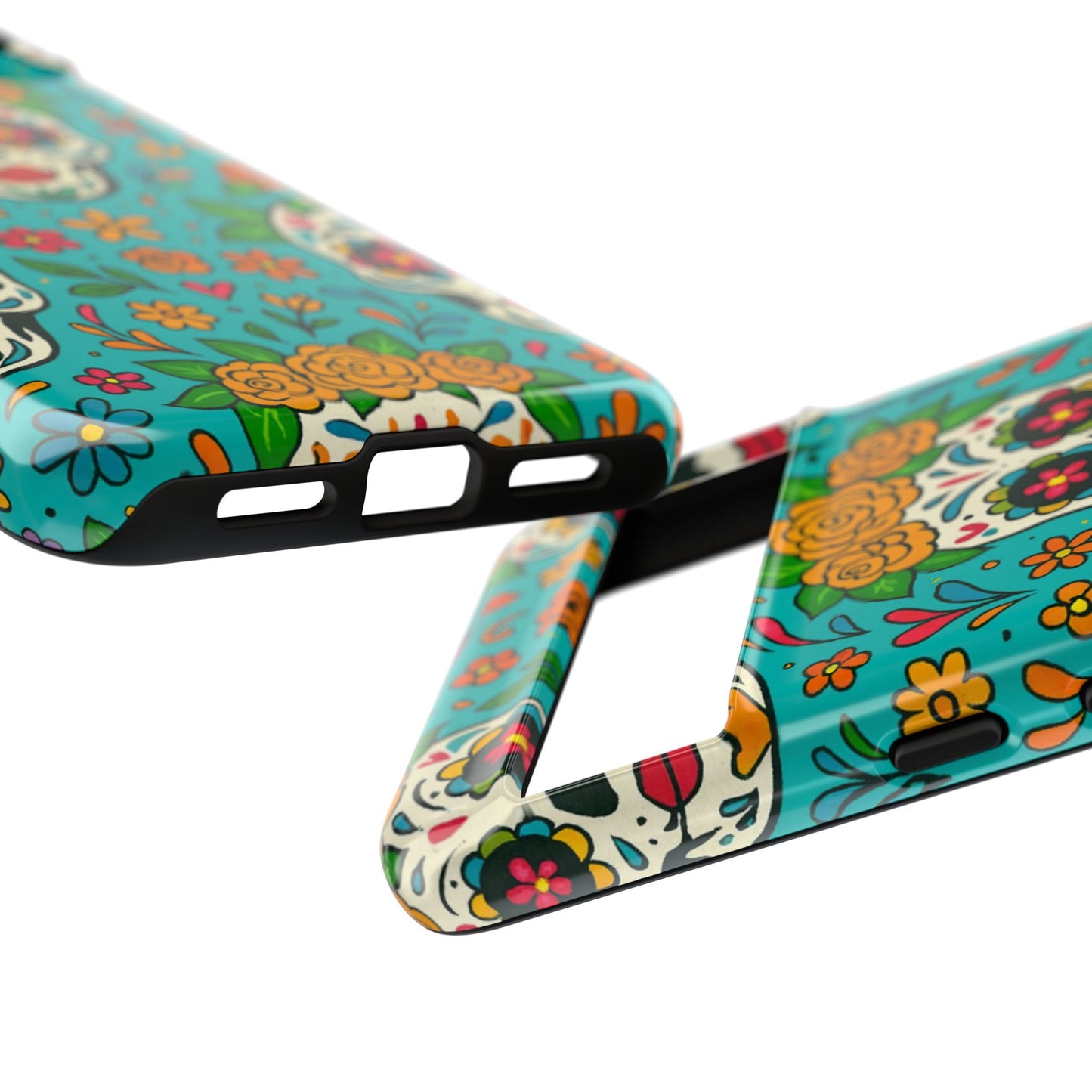 Teal Mexican Style Phone Cases With Floral Skulls - Dia De Los Muertos