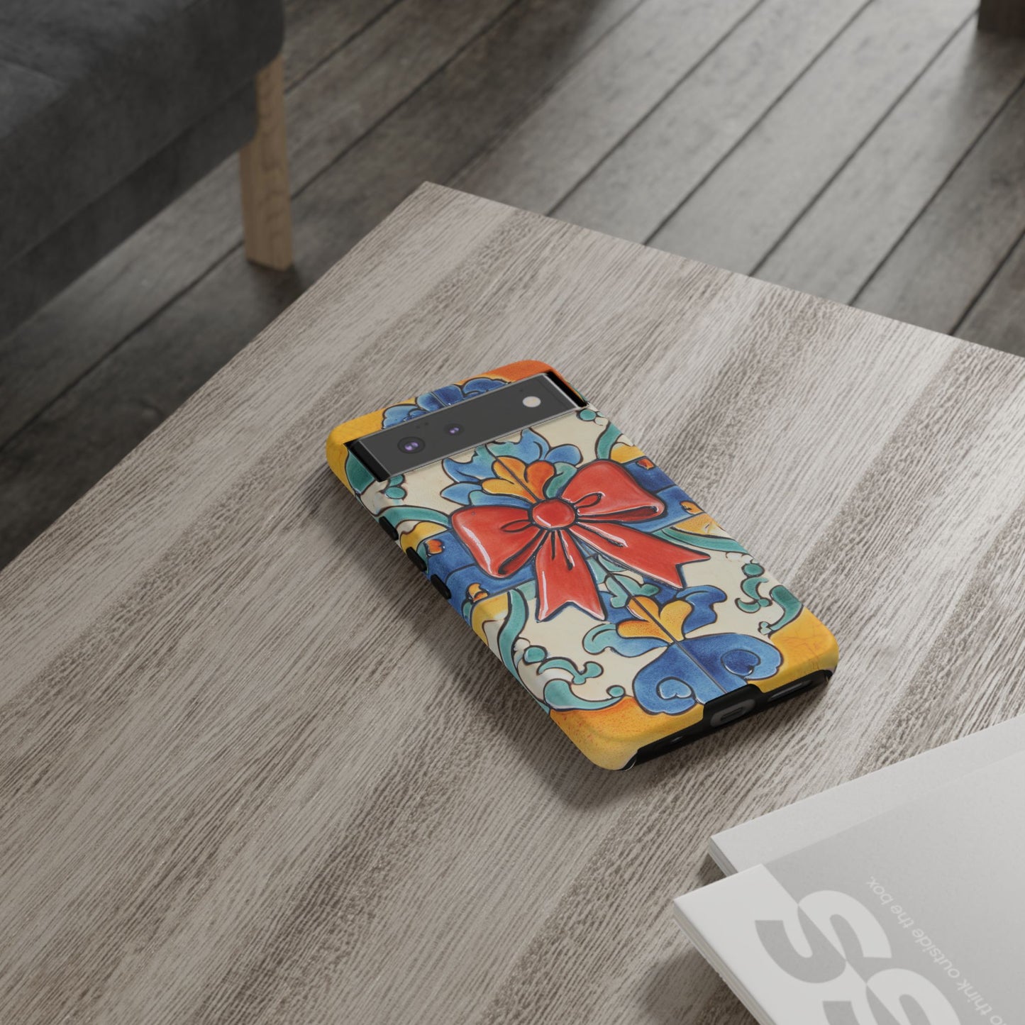 Colourful Ceramic Tile Design Phone Case With Red Bow