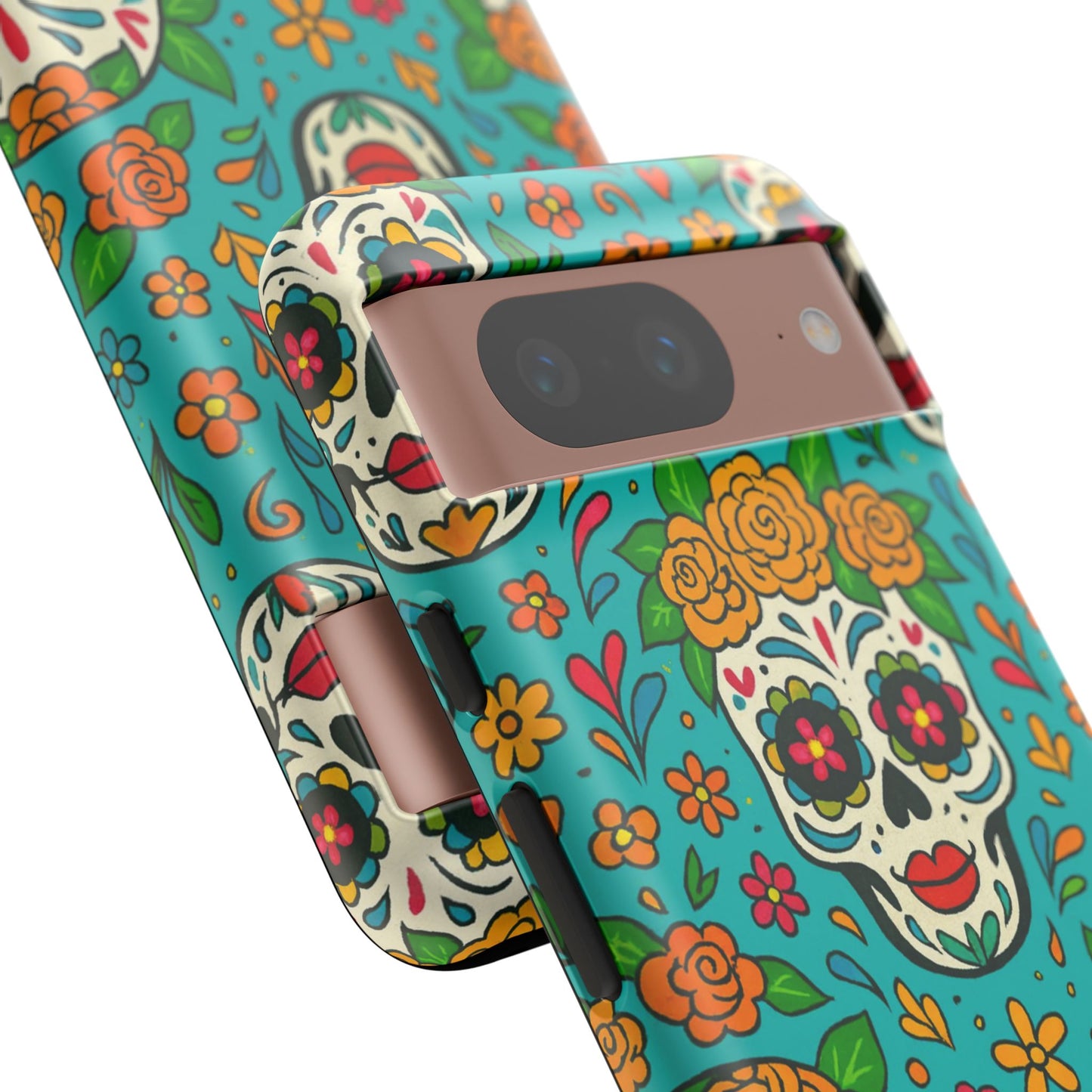 Teal Mexican Style Phone Cases With Floral Skulls - Dia De Los Muertos
