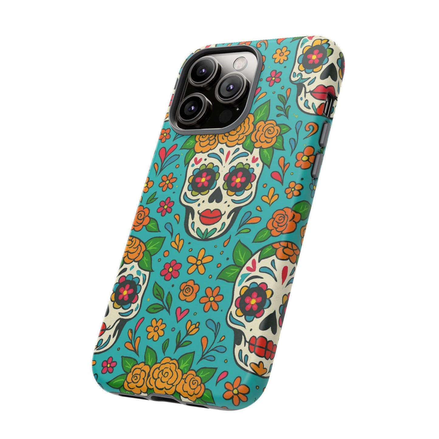 Teal Mexican Style Phone Cases With Floral Skulls - Dia De Los Muertos