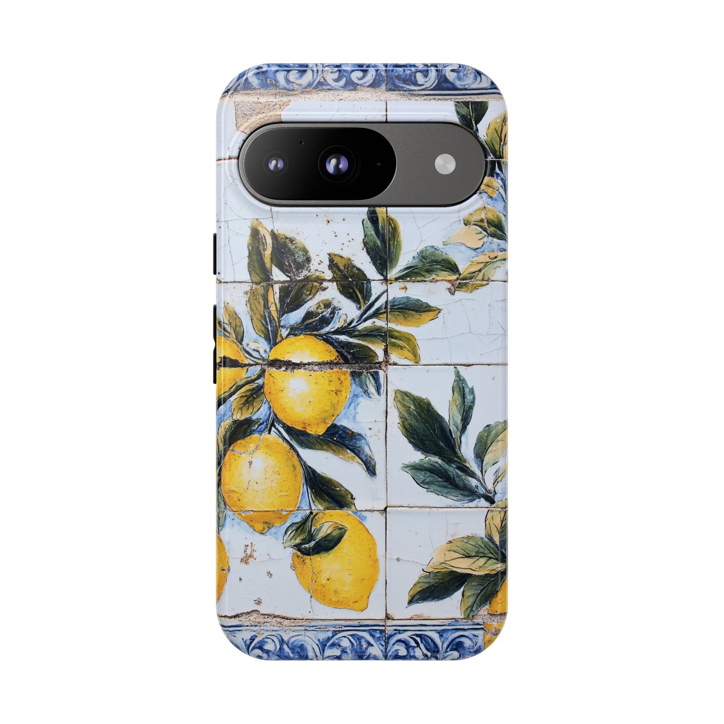 Phone Case, Coastal Tough Case With Lemons in Distressed Ceramic Tile Design, Protective Cover, Summer Accessory, Mediterranean Style iPhone