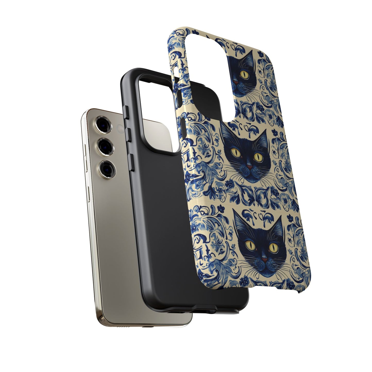 Tough Phone Case - Mediterranean Tile Motif With Blue Cats