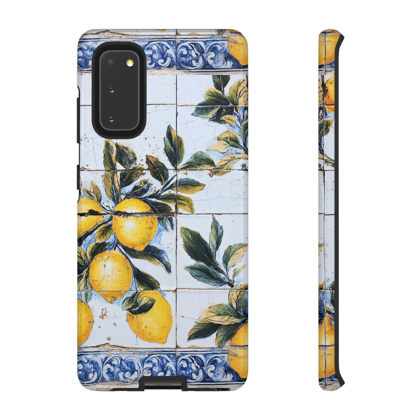 Phone Case, Coastal Tough Case With Lemons in Distressed Ceramic Tile Design, Protective Cover, Summer Accessory, Mediterranean Style iPhone