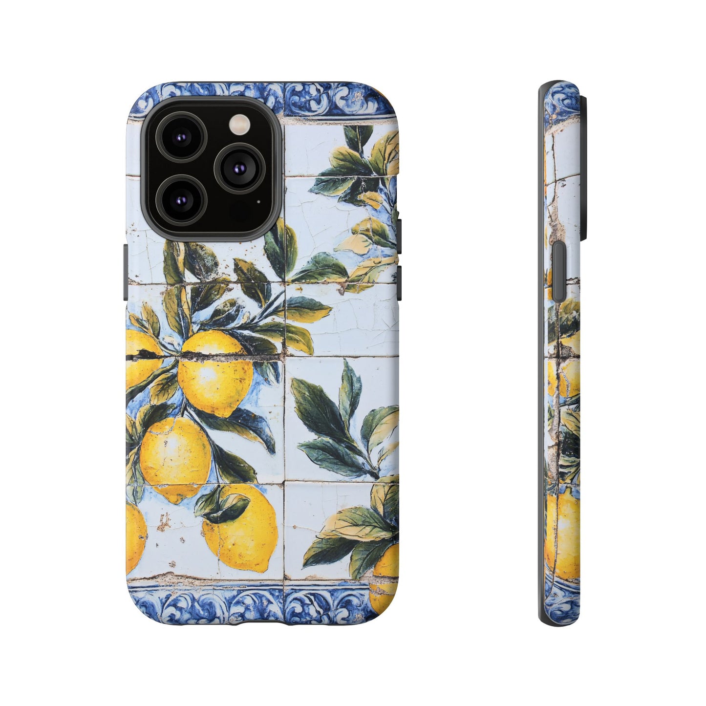 Phone Case, Coastal Tough Case With Lemons in Distressed Ceramic Tile Design, Protective Cover, Summer Accessory, Mediterranean Style iPhone