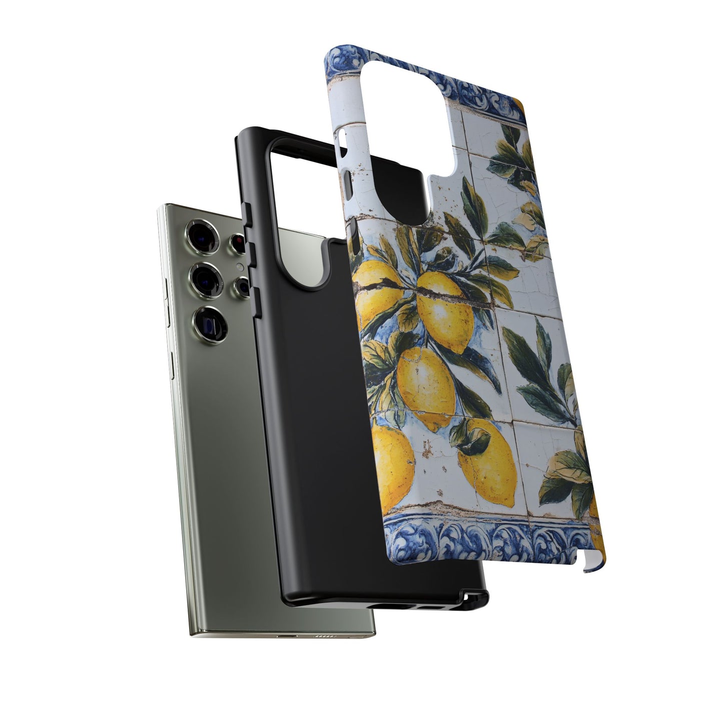 Phone Case, Coastal Tough Case With Lemons in Distressed Ceramic Tile Design, Protective Cover, Summer Accessory, Mediterranean Style iPhone