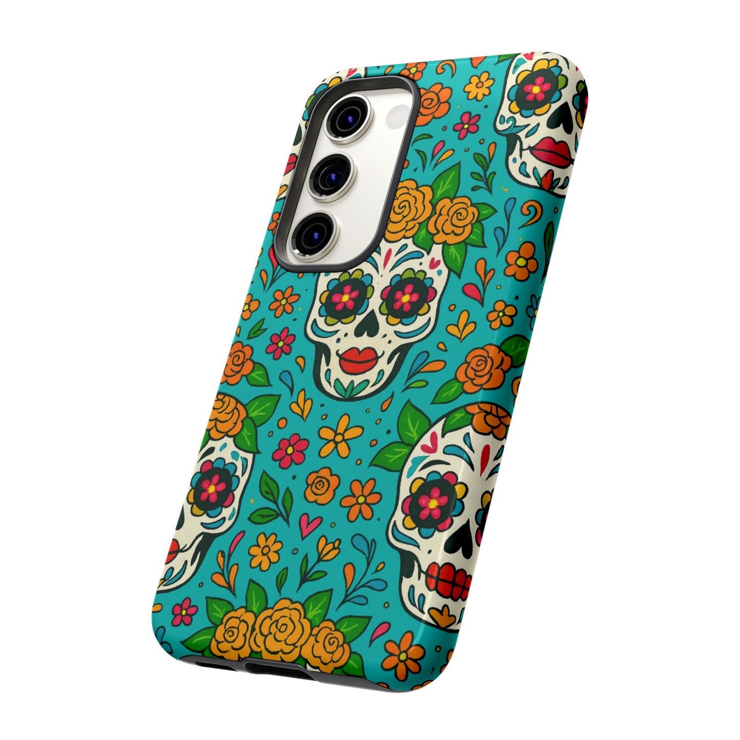 Teal Mexican Style Phone Cases With Floral Skulls - Dia De Los Muertos
