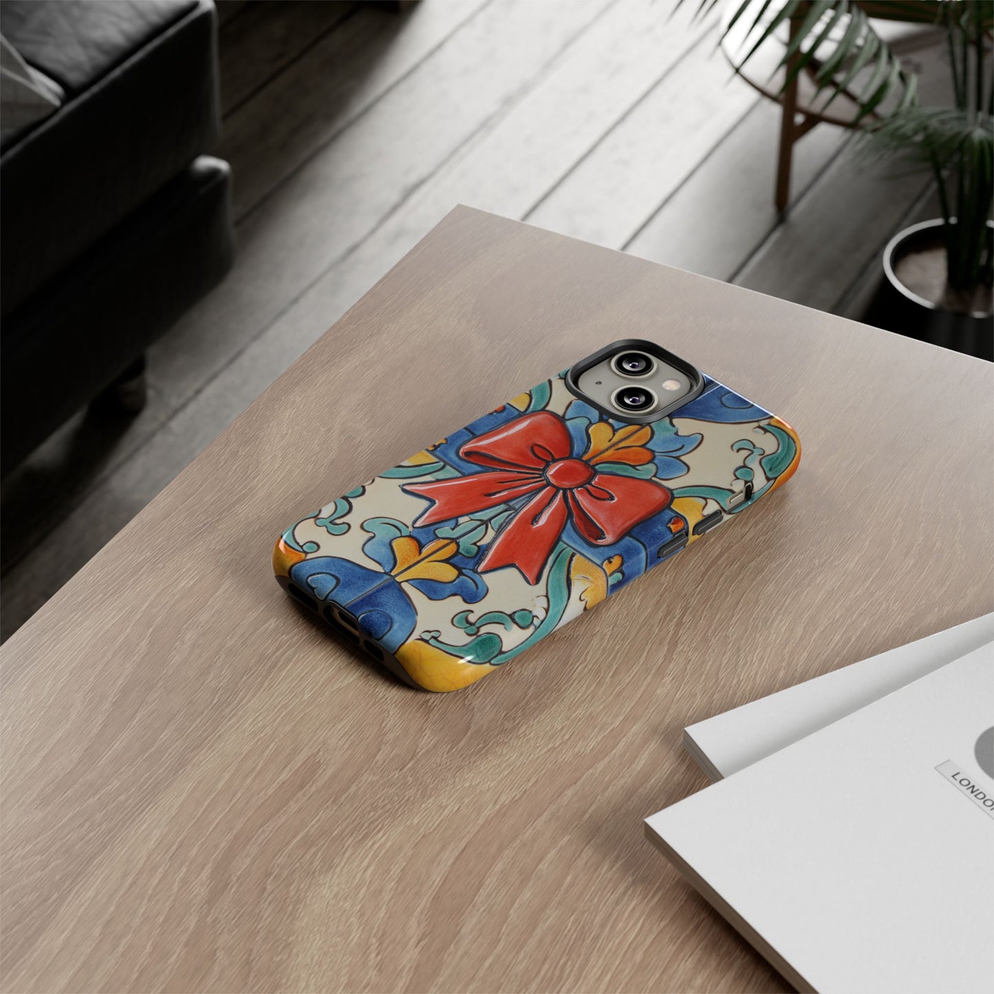 Colourful Ceramic Tile Design Phone Case With Red Bow