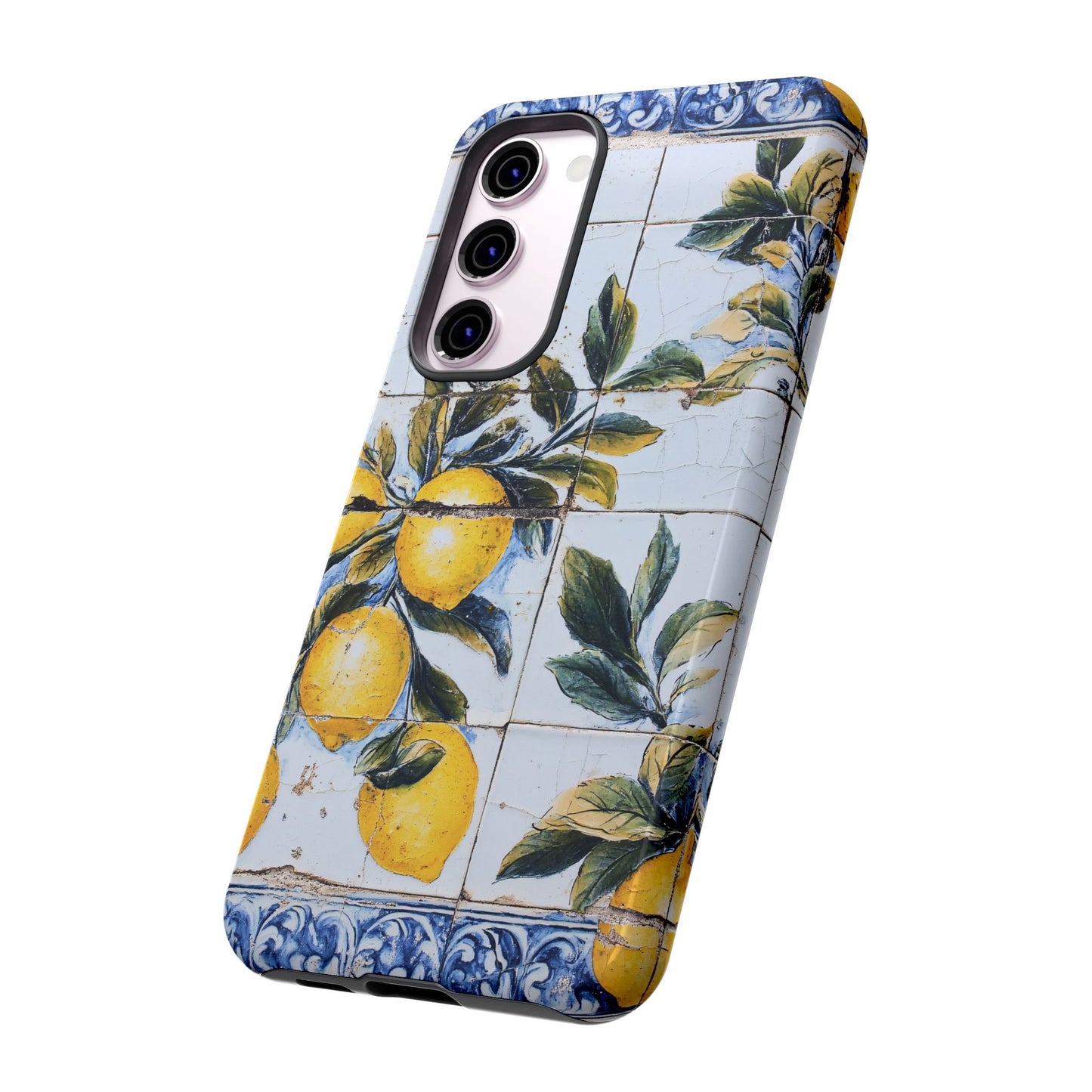 Phone Case, Coastal Tough Case With Lemons in Distressed Ceramic Tile Design, Protective Cover, Summer Accessory, Mediterranean Style iPhone