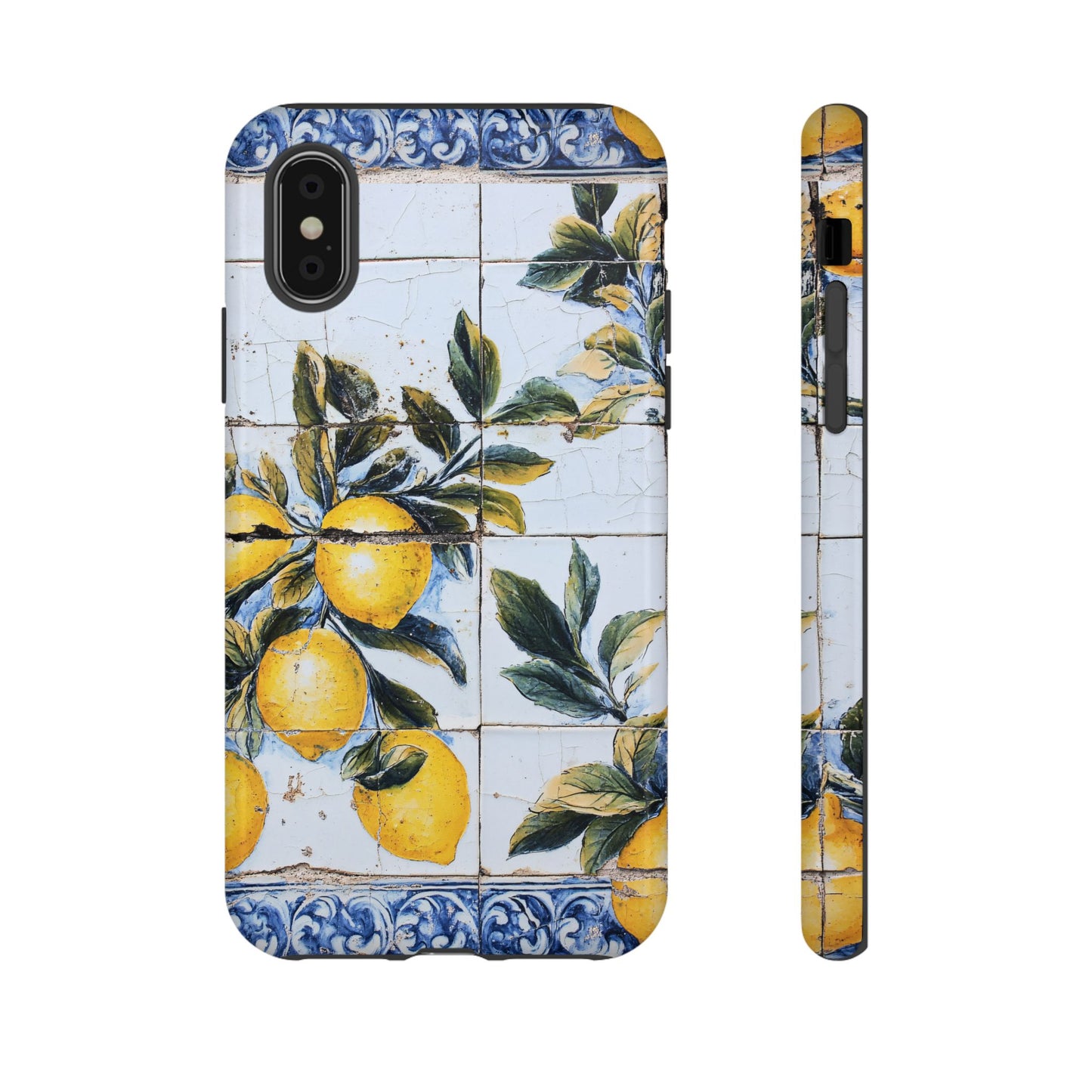Phone Case, Coastal Tough Case With Lemons in Distressed Ceramic Tile Design, Protective Cover, Summer Accessory, Mediterranean Style iPhone