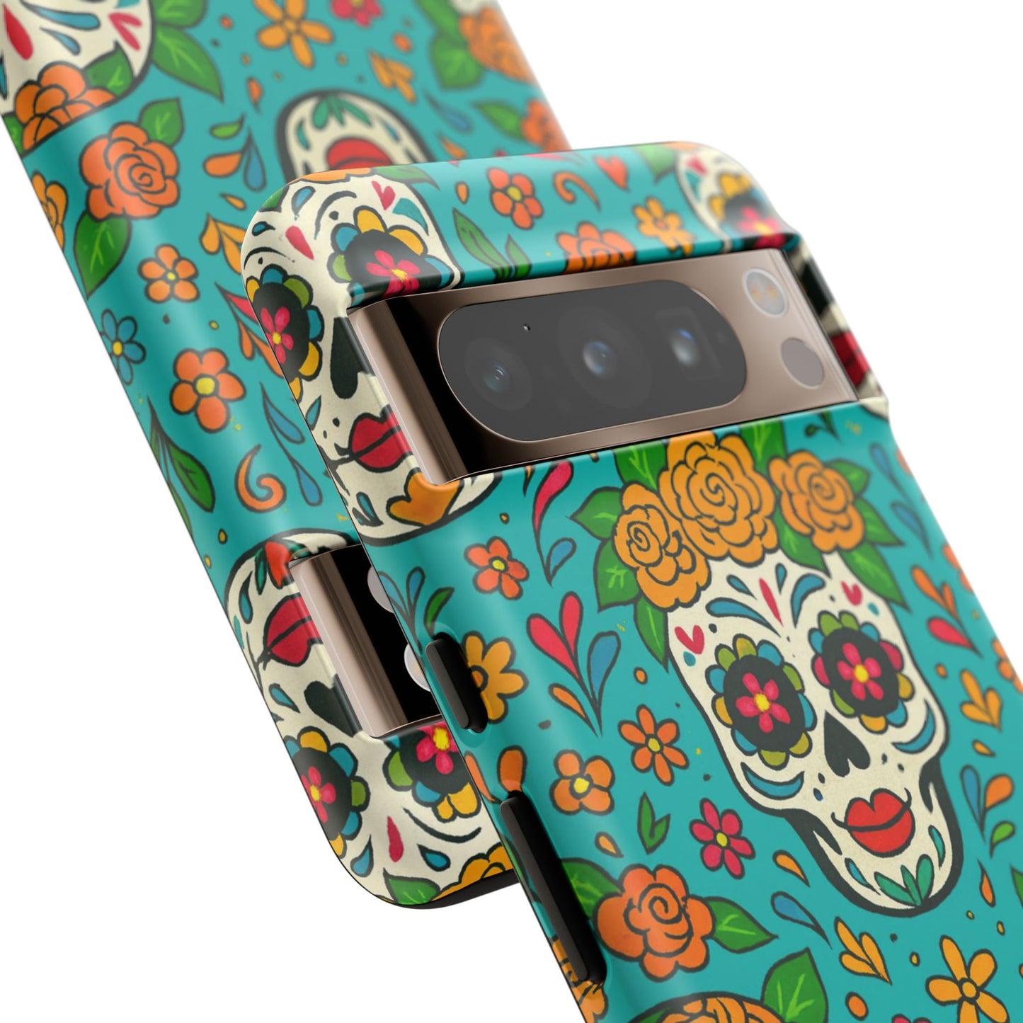 Teal Mexican Style Phone Cases With Floral Skulls - Dia De Los Muertos