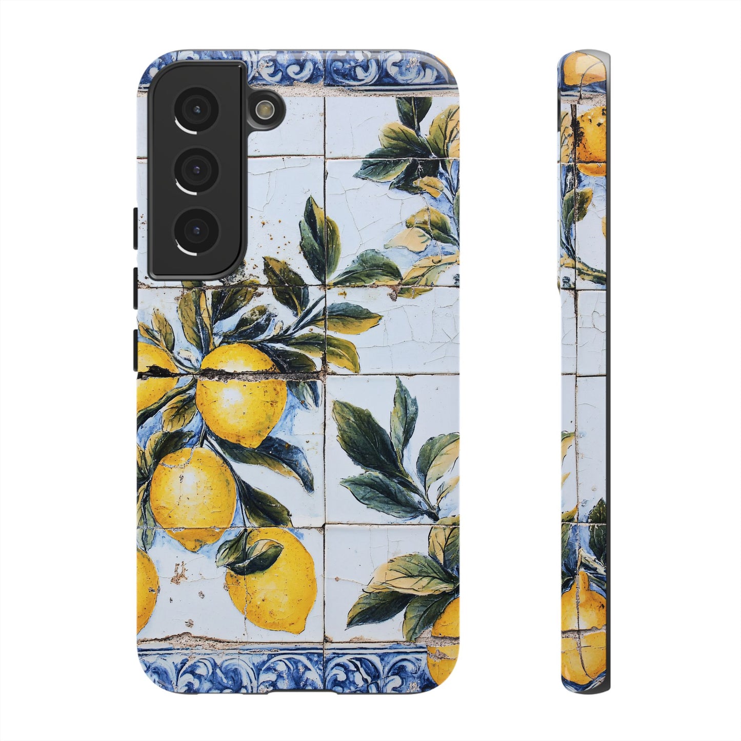 Phone Case, Coastal Tough Case With Lemons in Distressed Ceramic Tile Design, Protective Cover, Summer Accessory, Mediterranean Style iPhone