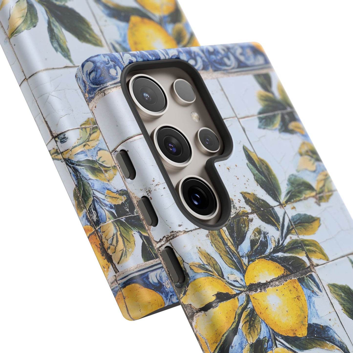 Phone Case, Coastal Tough Case With Lemons in Distressed Ceramic Tile Design, Protective Cover, Summer Accessory, Mediterranean Style iPhone