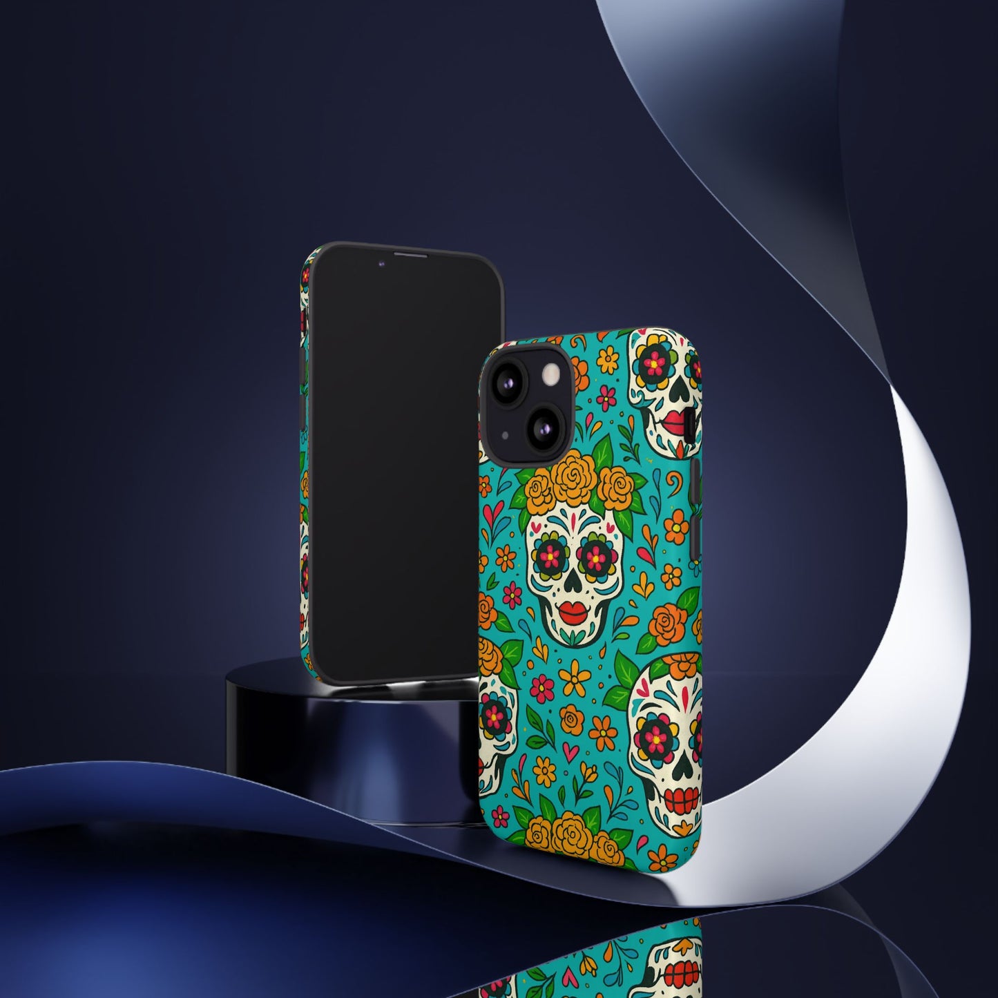 Teal Mexican Style Phone Cases With Floral Skulls - Dia De Los Muertos