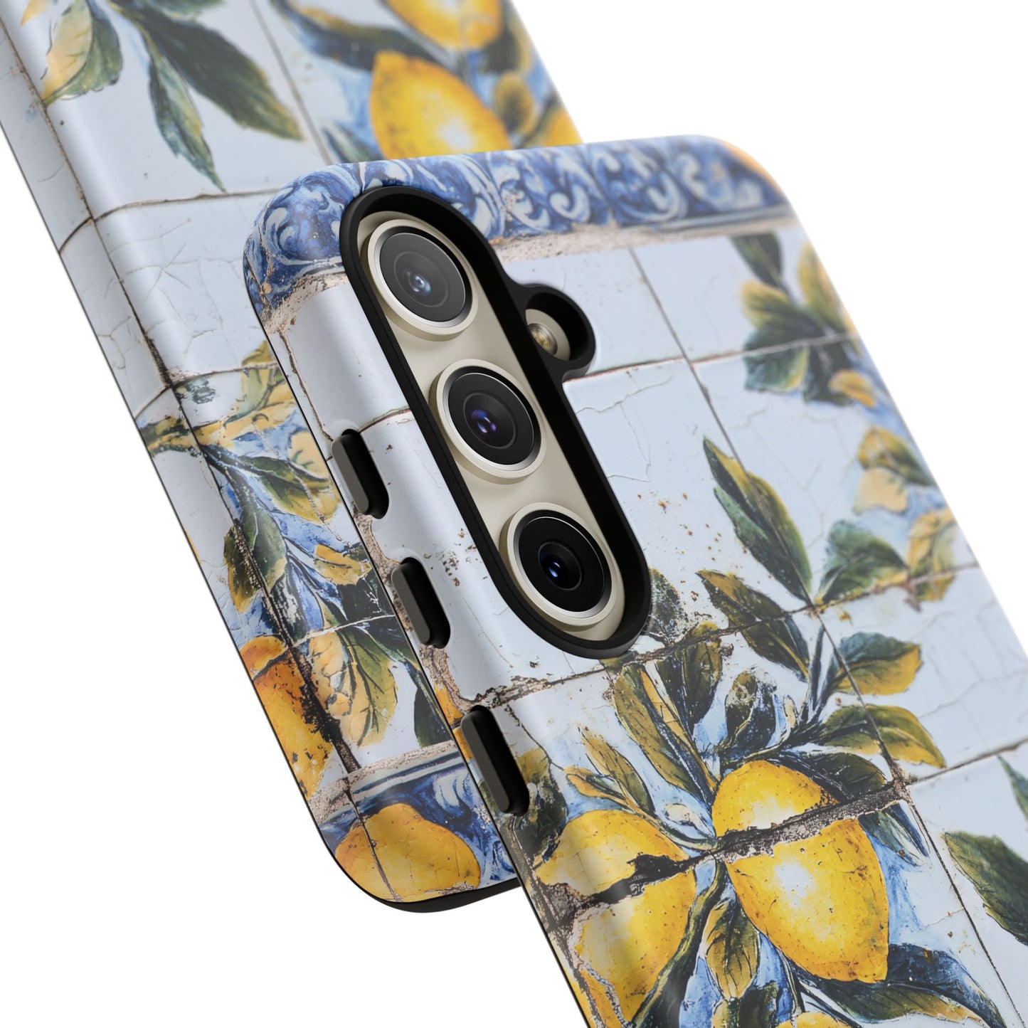 Phone Case, Coastal Tough Case With Lemons in Distressed Ceramic Tile Design, Protective Cover, Summer Accessory, Mediterranean Style iPhone