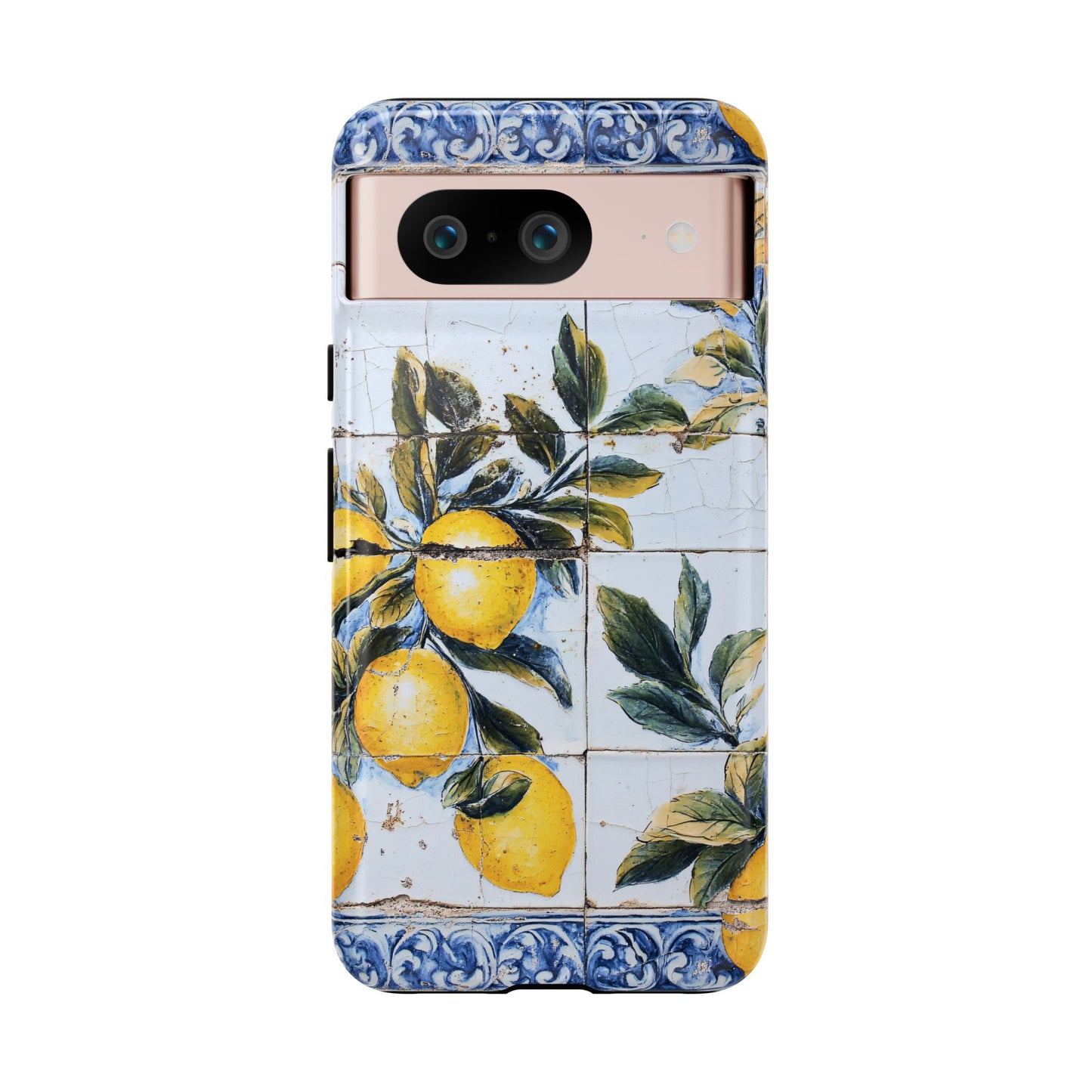 Phone Case, Coastal Tough Case With Lemons in Distressed Ceramic Tile Design, Protective Cover, Summer Accessory, Mediterranean Style iPhone