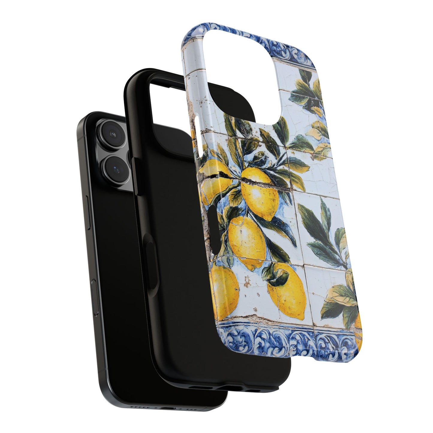 Phone Case, Coastal Tough Case With Lemons in Distressed Ceramic Tile Design, Protective Cover, Summer Accessory, Mediterranean Style iPhone