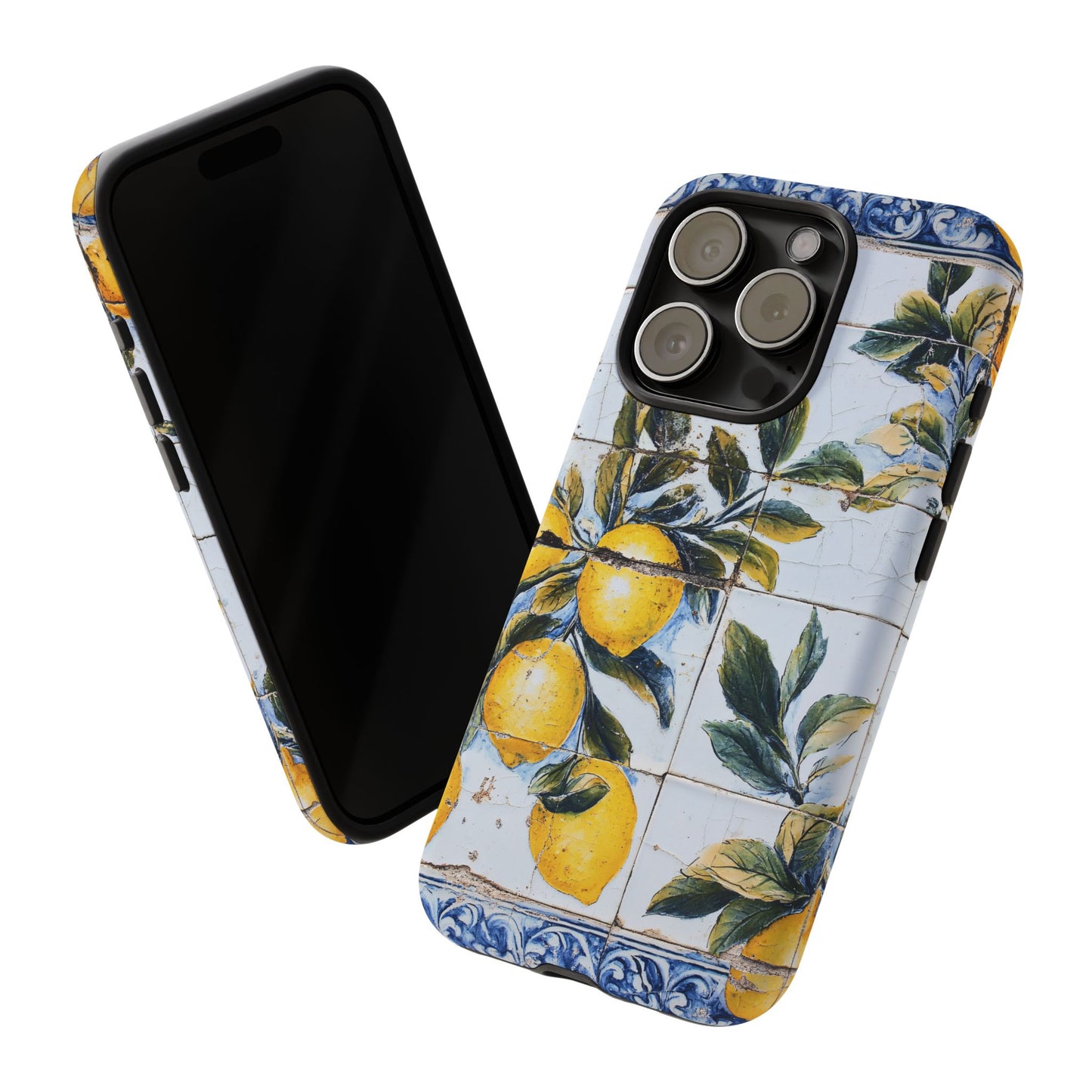 Phone Case, Coastal Tough Case With Lemons in Distressed Ceramic Tile Design, Protective Cover, Summer Accessory, Mediterranean Style iPhone