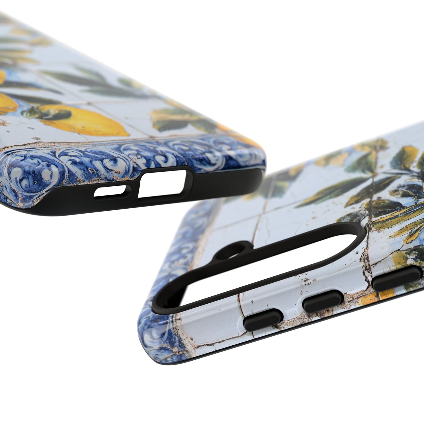 Phone Case, Coastal Tough Case With Lemons in Distressed Ceramic Tile Design, Protective Cover, Summer Accessory, Mediterranean Style iPhone