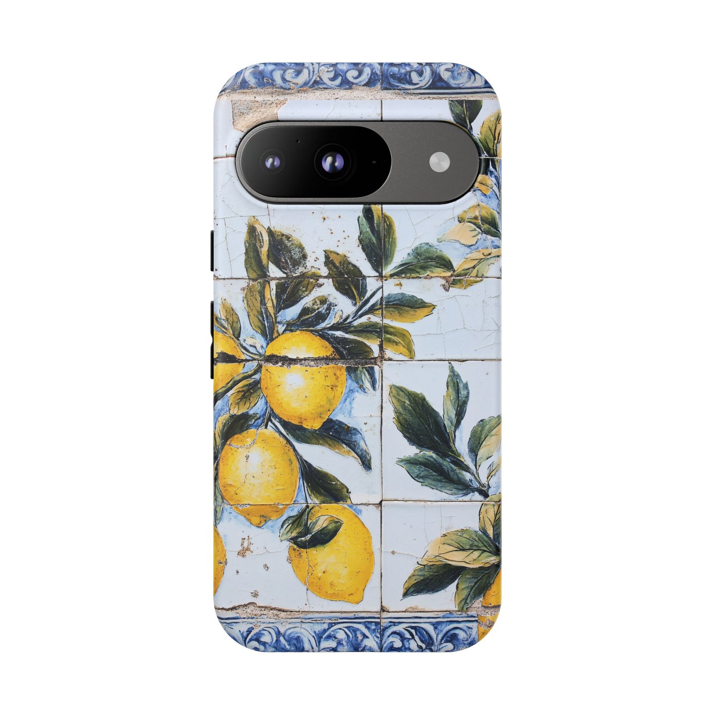 Phone Case, Coastal Tough Case With Lemons in Distressed Ceramic Tile Design, Protective Cover, Summer Accessory, Mediterranean Style iPhone