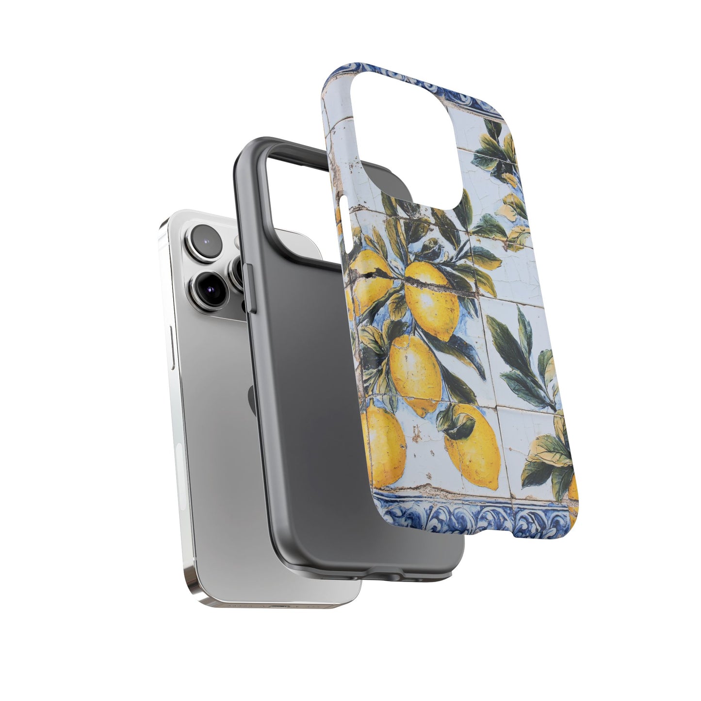 Phone Case, Coastal Tough Case With Lemons in Distressed Ceramic Tile Design, Protective Cover, Summer Accessory, Mediterranean Style iPhone