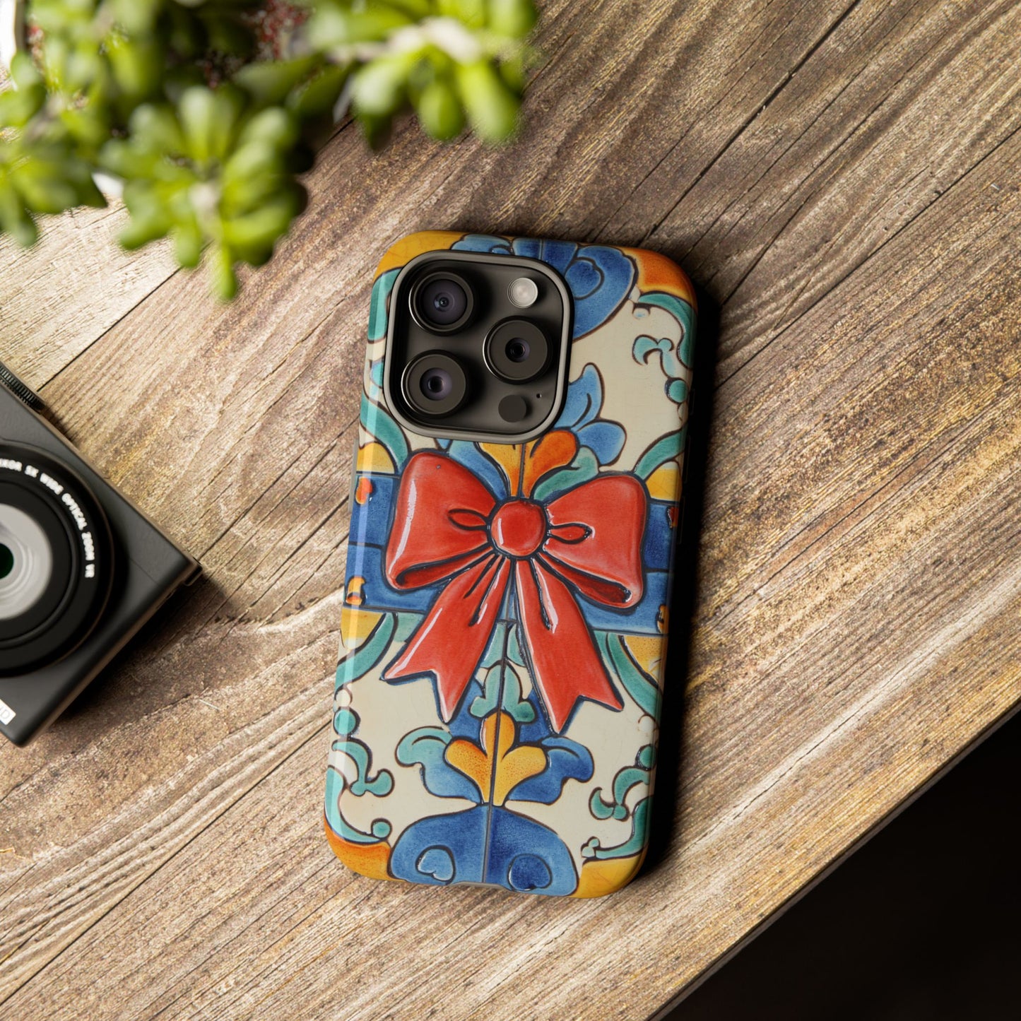 Colourful Ceramic Tile Design Phone Case With Red Bow