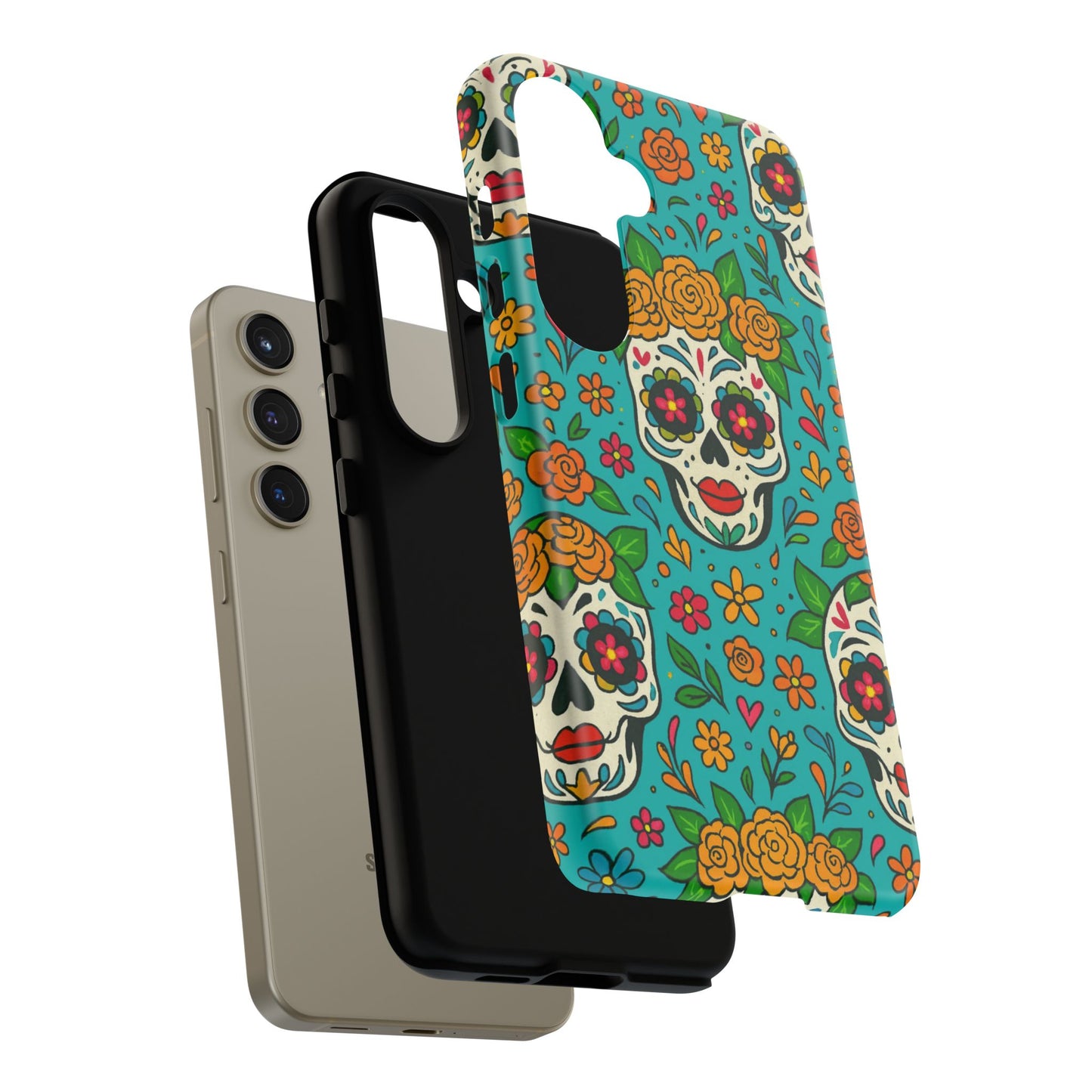 Teal Mexican Style Phone Cases With Floral Skulls - Dia De Los Muertos