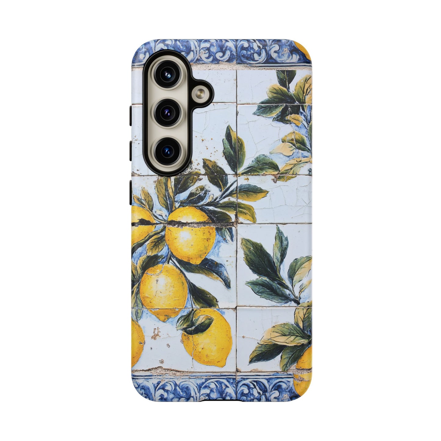 Phone Case, Coastal Tough Case With Lemons in Distressed Ceramic Tile Design, Protective Cover, Summer Accessory, Mediterranean Style iPhone