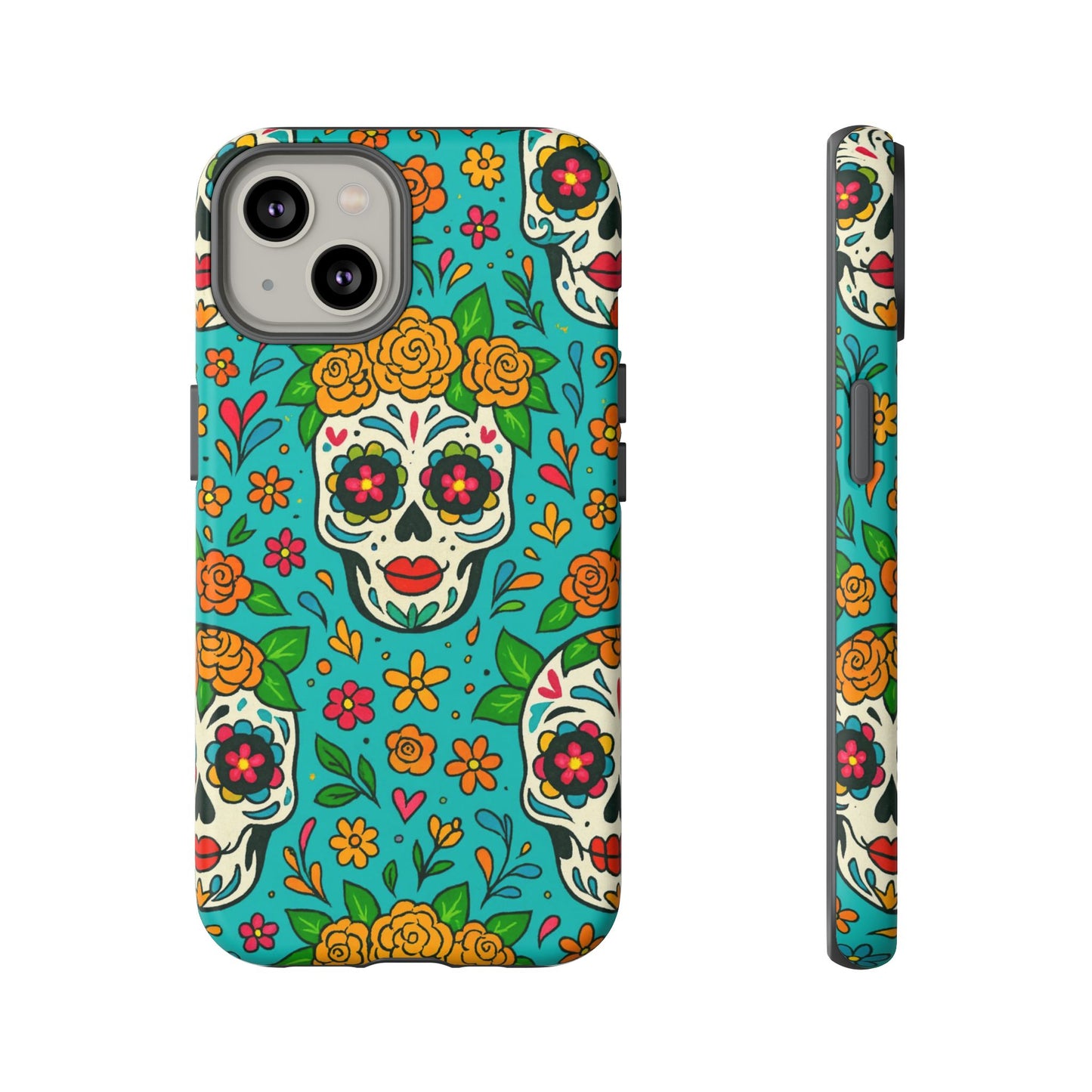 Teal Mexican Style Phone Cases With Floral Skulls - Dia De Los Muertos