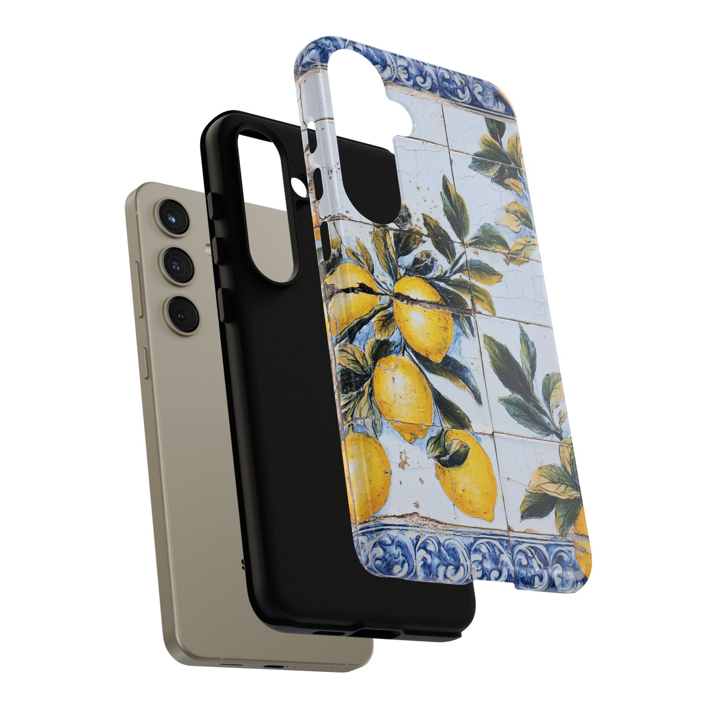 Phone Case, Coastal Tough Case With Lemons in Distressed Ceramic Tile Design, Protective Cover, Summer Accessory, Mediterranean Style iPhone