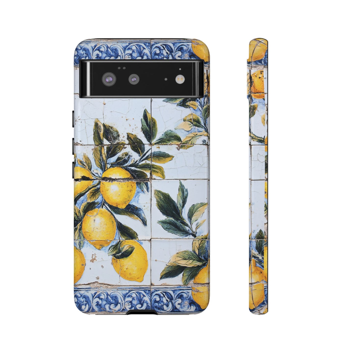 Phone Case, Coastal Tough Case With Lemons in Distressed Ceramic Tile Design, Protective Cover, Summer Accessory, Mediterranean Style iPhone