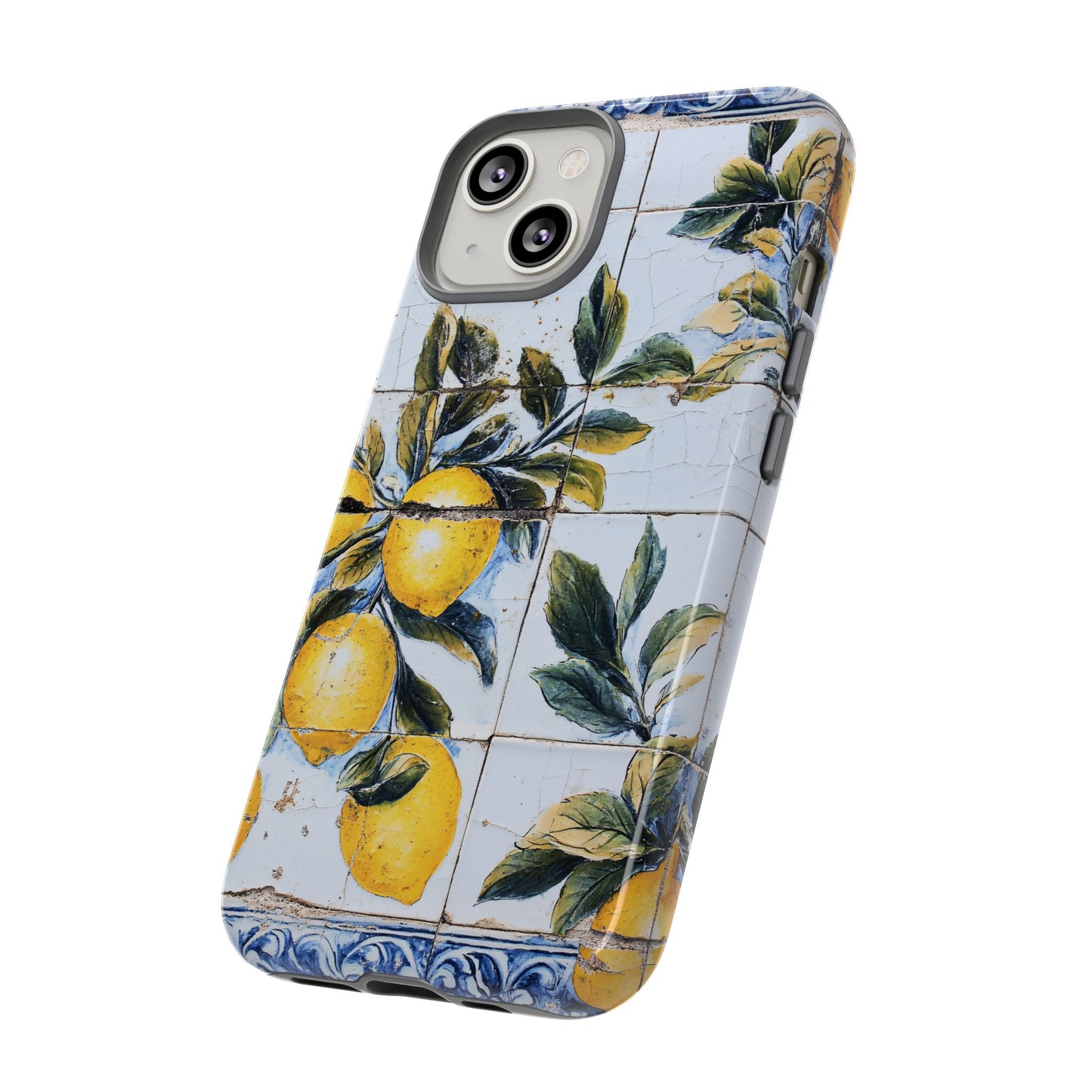 Phone Case, Coastal Tough Case With Lemons in Distressed Ceramic Tile Design, Protective Cover, Summer Accessory, Mediterranean Style iPhone