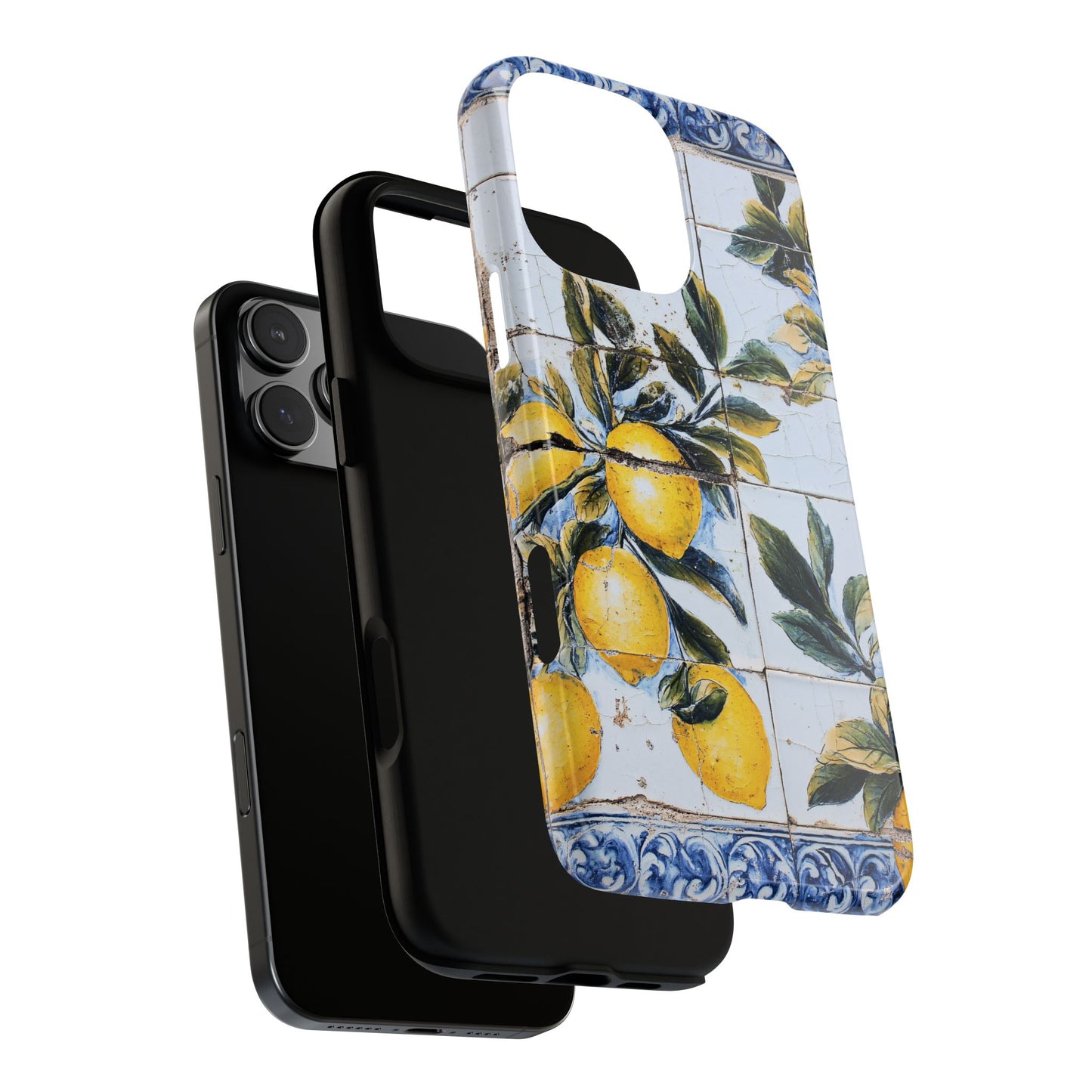 Phone Case, Coastal Tough Case With Lemons in Distressed Ceramic Tile Design, Protective Cover, Summer Accessory, Mediterranean Style iPhone