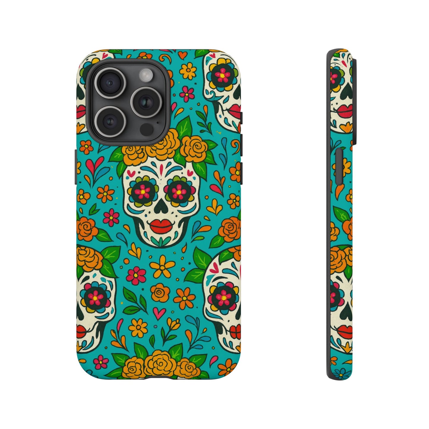 Teal Mexican Style Phone Cases With Floral Skulls - Dia De Los Muertos