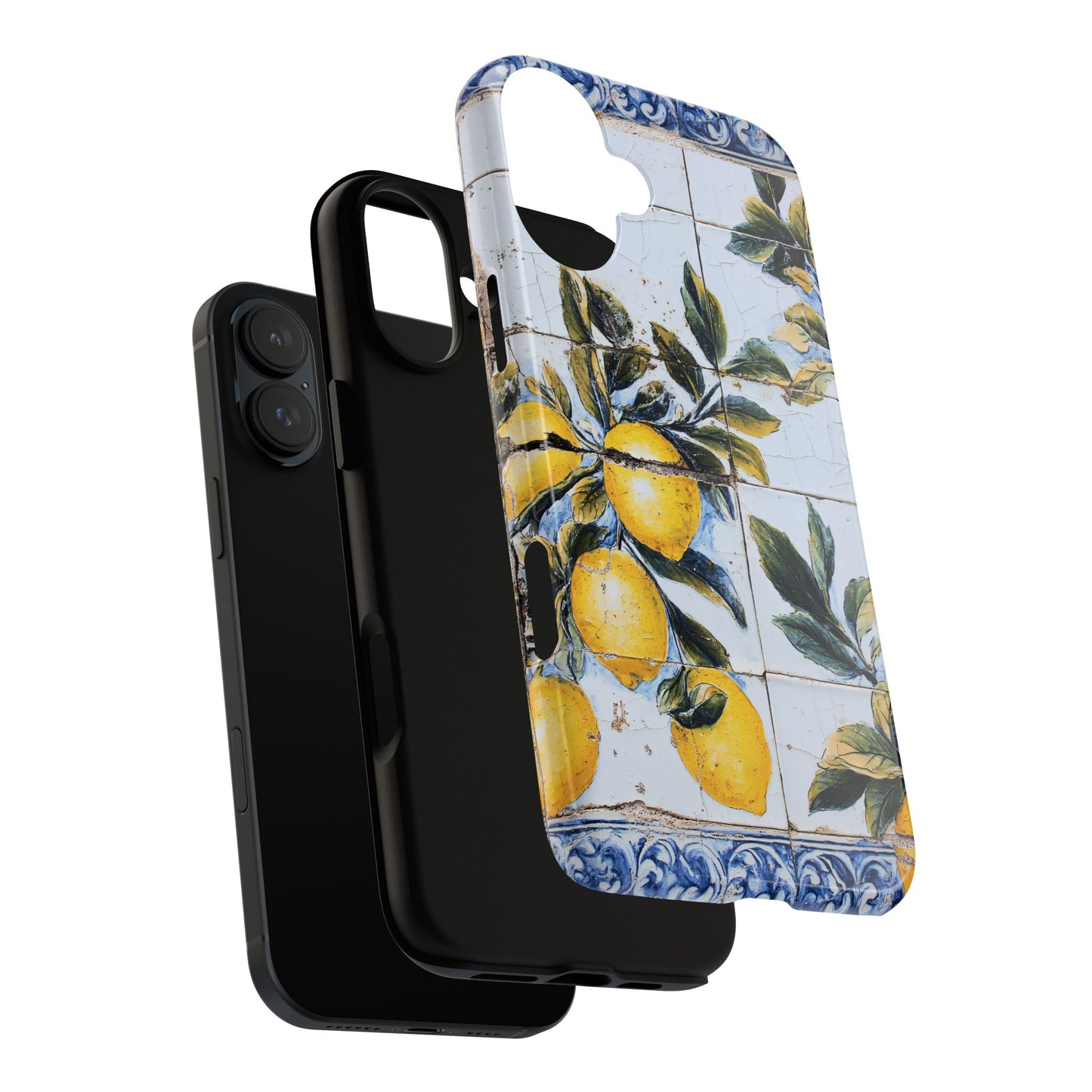 Phone Case, Coastal Tough Case With Lemons in Distressed Ceramic Tile Design, Protective Cover, Summer Accessory, Mediterranean Style iPhone