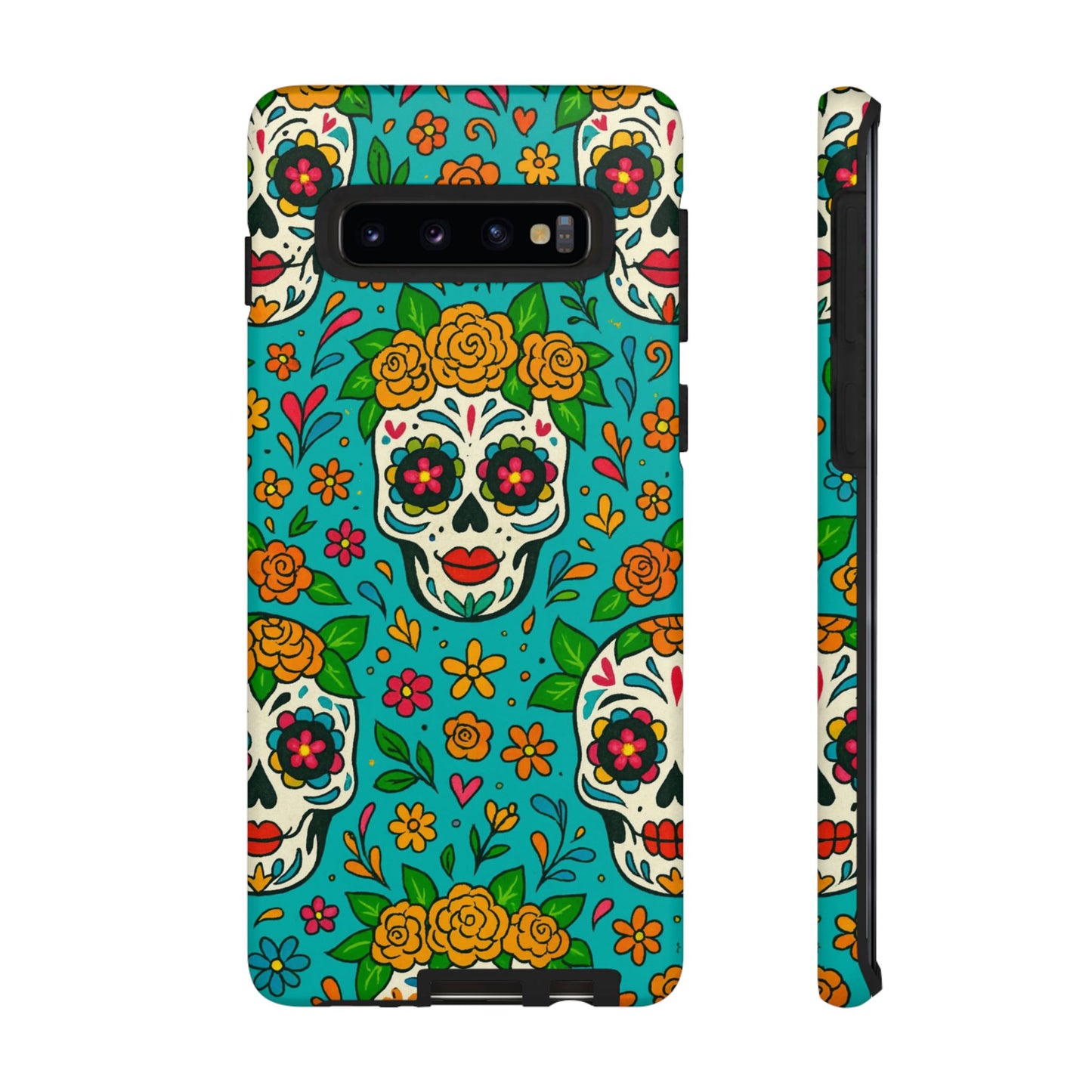 Teal Mexican Style Phone Cases With Floral Skulls - Dia De Los Muertos