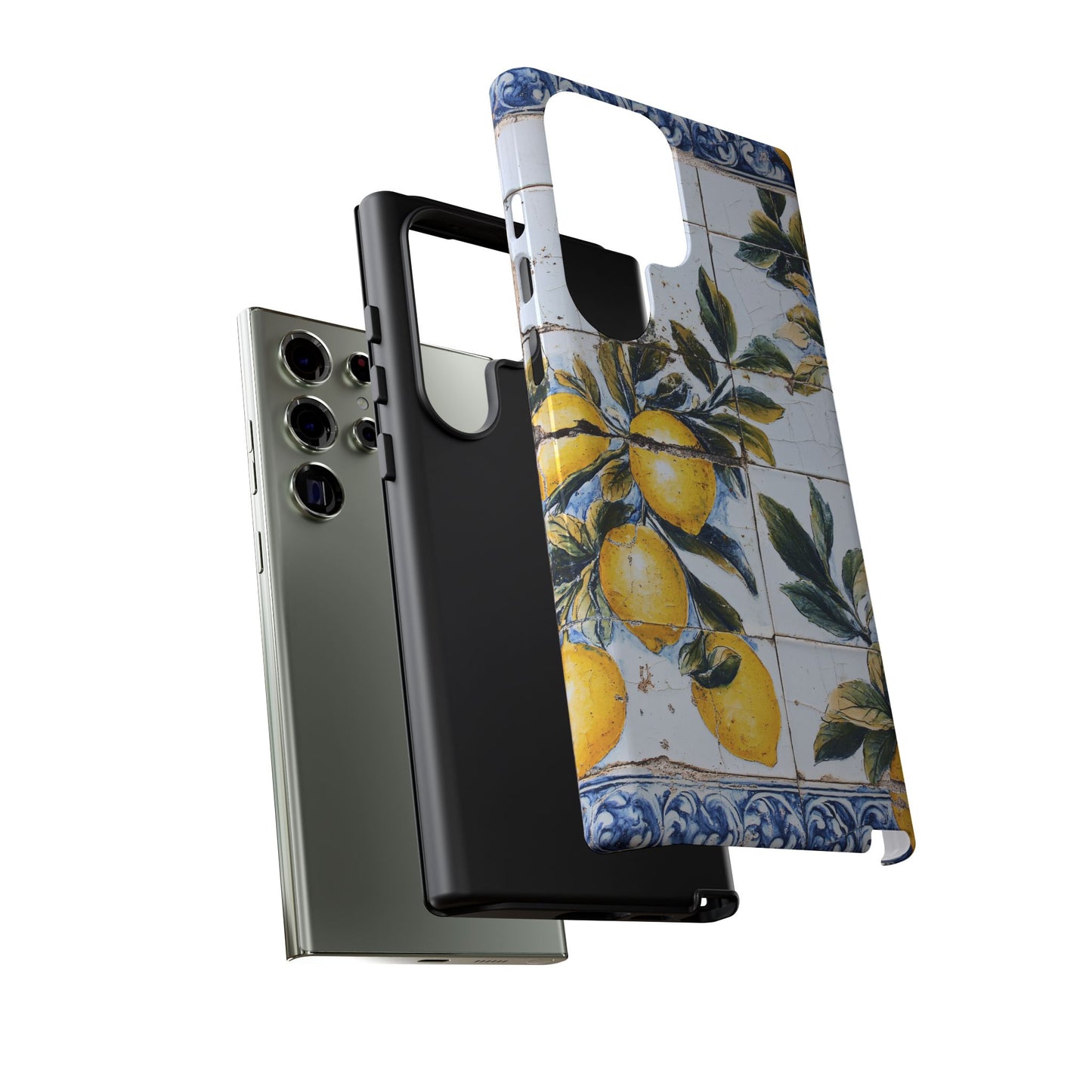 Phone Case, Coastal Tough Case With Lemons in Distressed Ceramic Tile Design, Protective Cover, Summer Accessory, Mediterranean Style iPhone